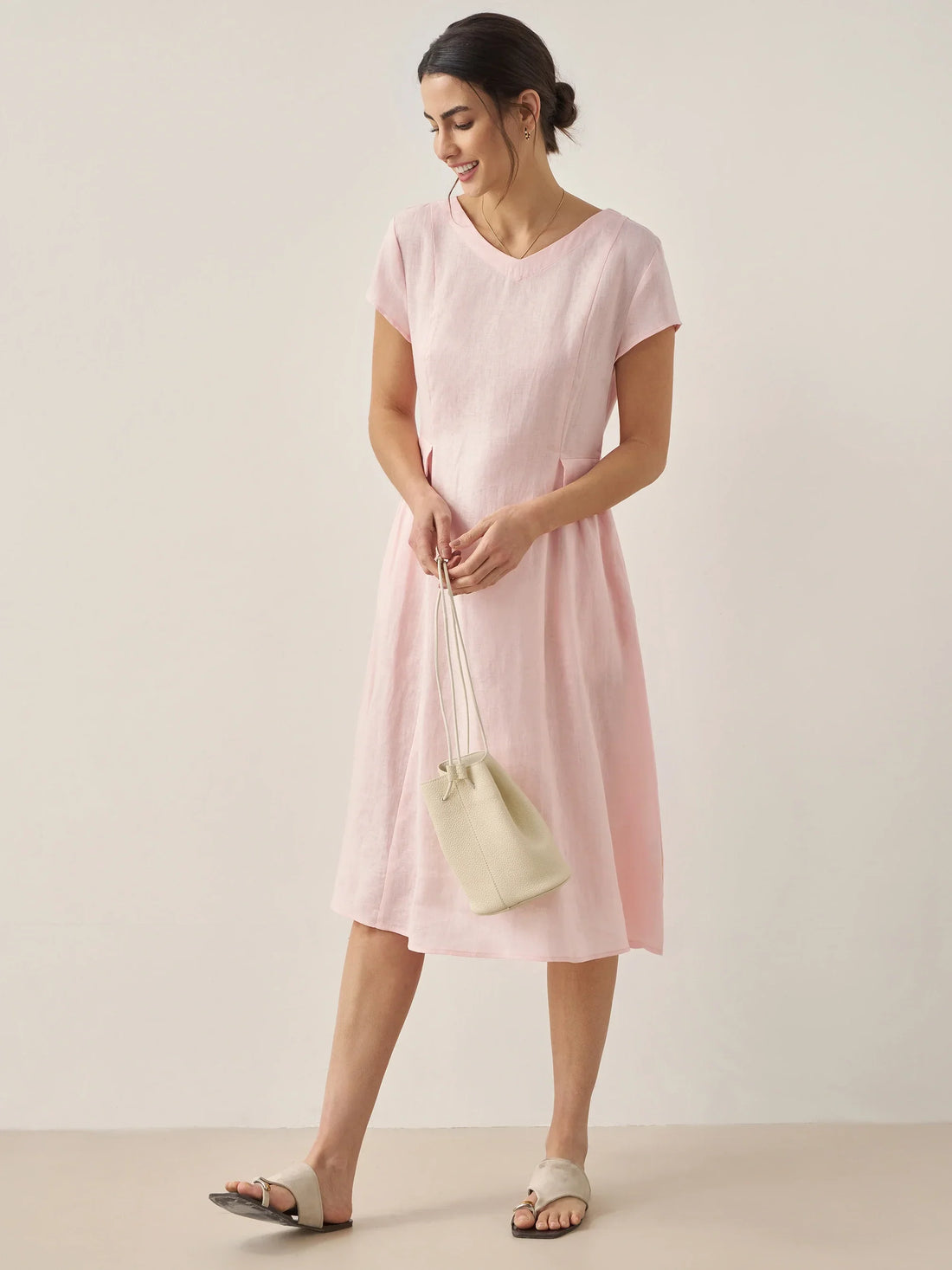 100% Linen Belted V-Neck Midi Dress