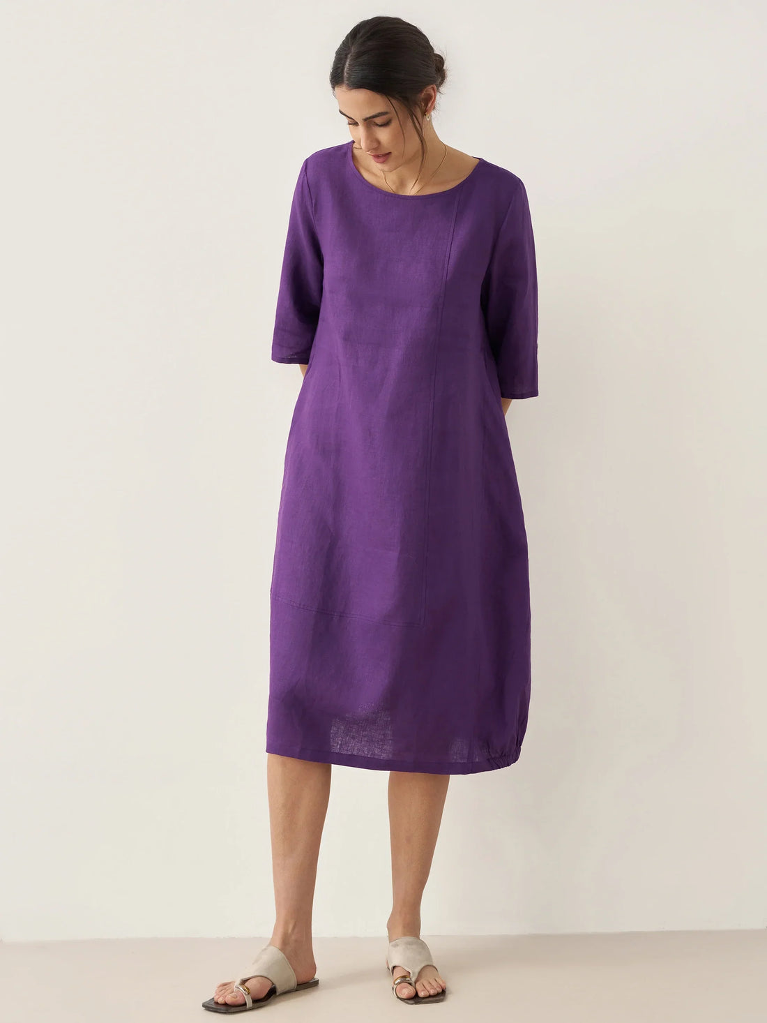 100% Linen Boat Neck Midi Dress