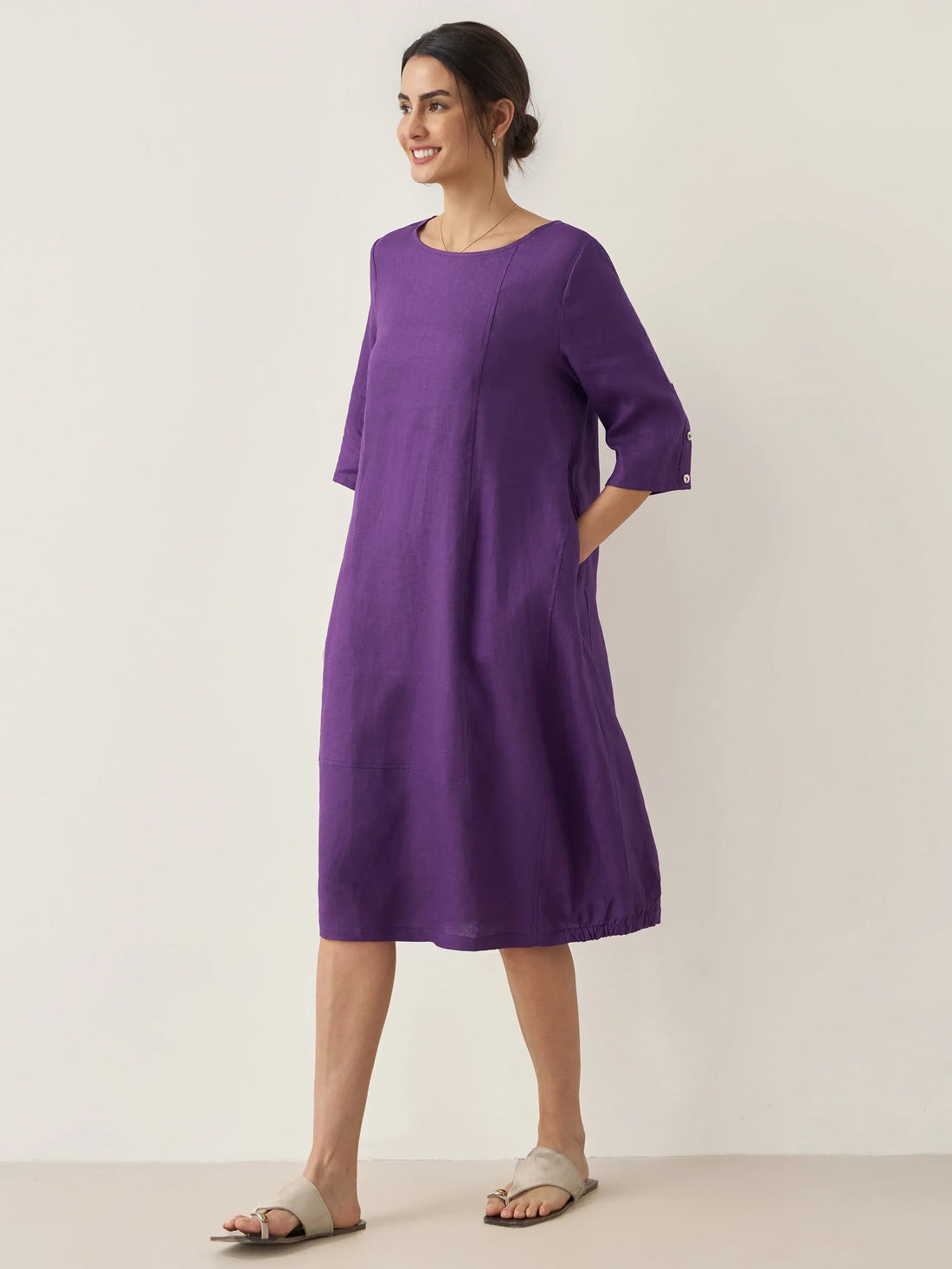 100% Linen Boat Neck Midi Dress