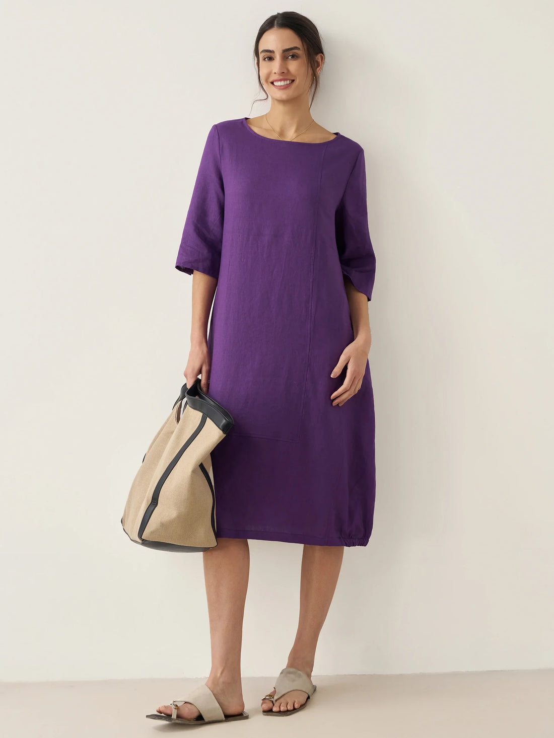 100% Linen Boat Neck Midi Dress