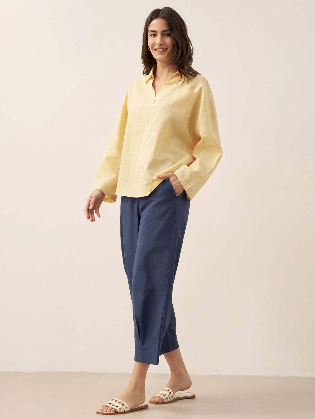 Linen Blend Relaxed Shirt Collar Shirt