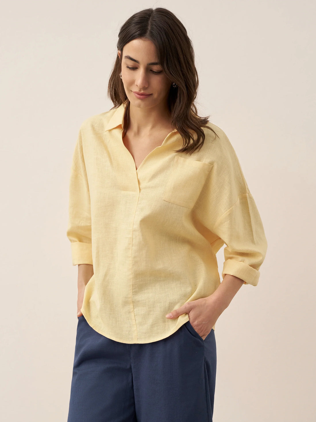 Linen Blend Relaxed Shirt Collar Shirt