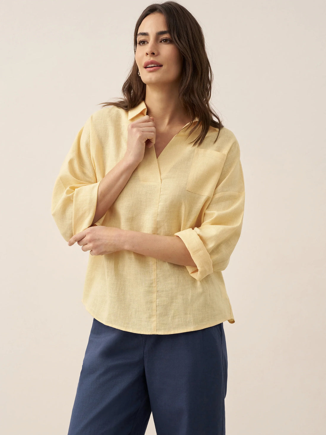 Linen Blend Relaxed Shirt Collar Shirt