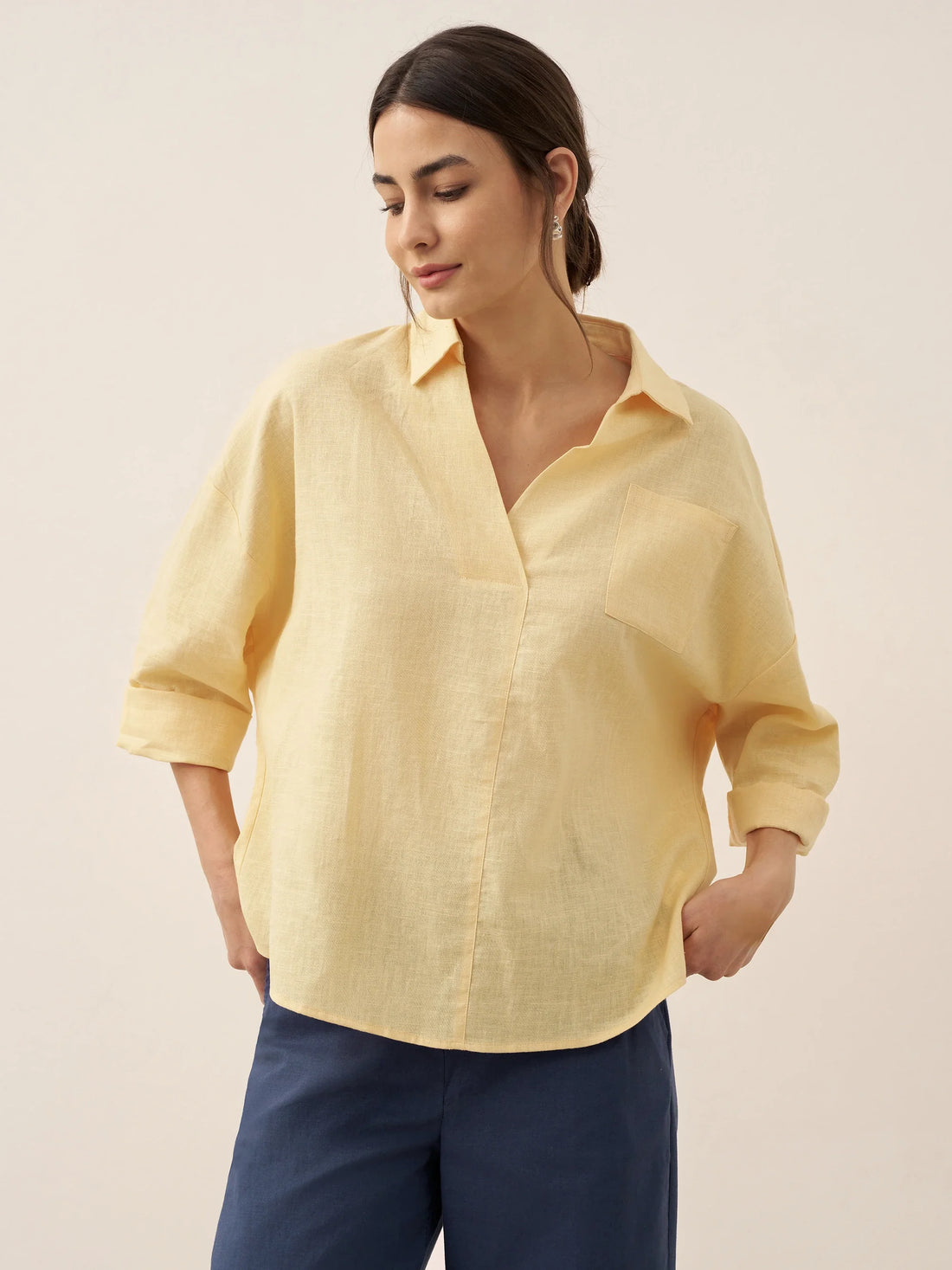 Linen Blend Relaxed Shirt Collar Shirt
