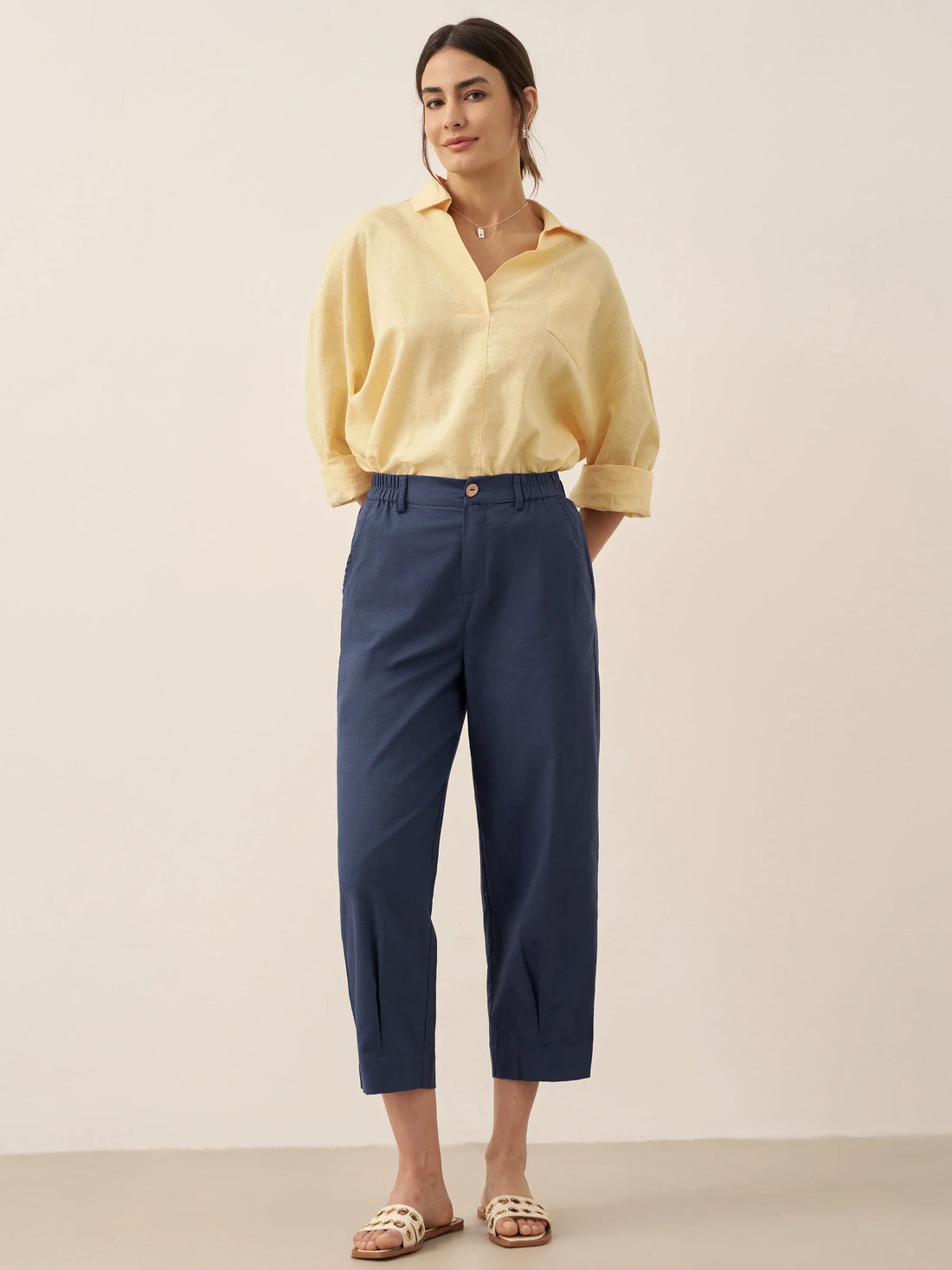 Linen Blend Relaxed Shirt Collar Shirt