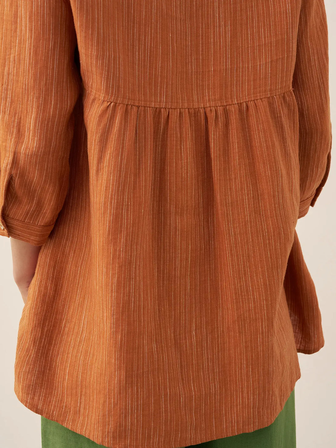 100% Linen Ruched Round Neck Blouse