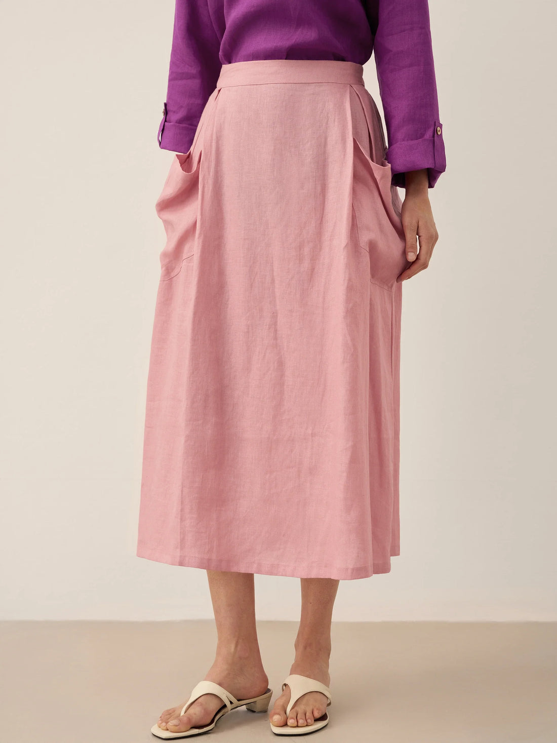 75% Linen A-Line Midi Skirt with Patch Pockets