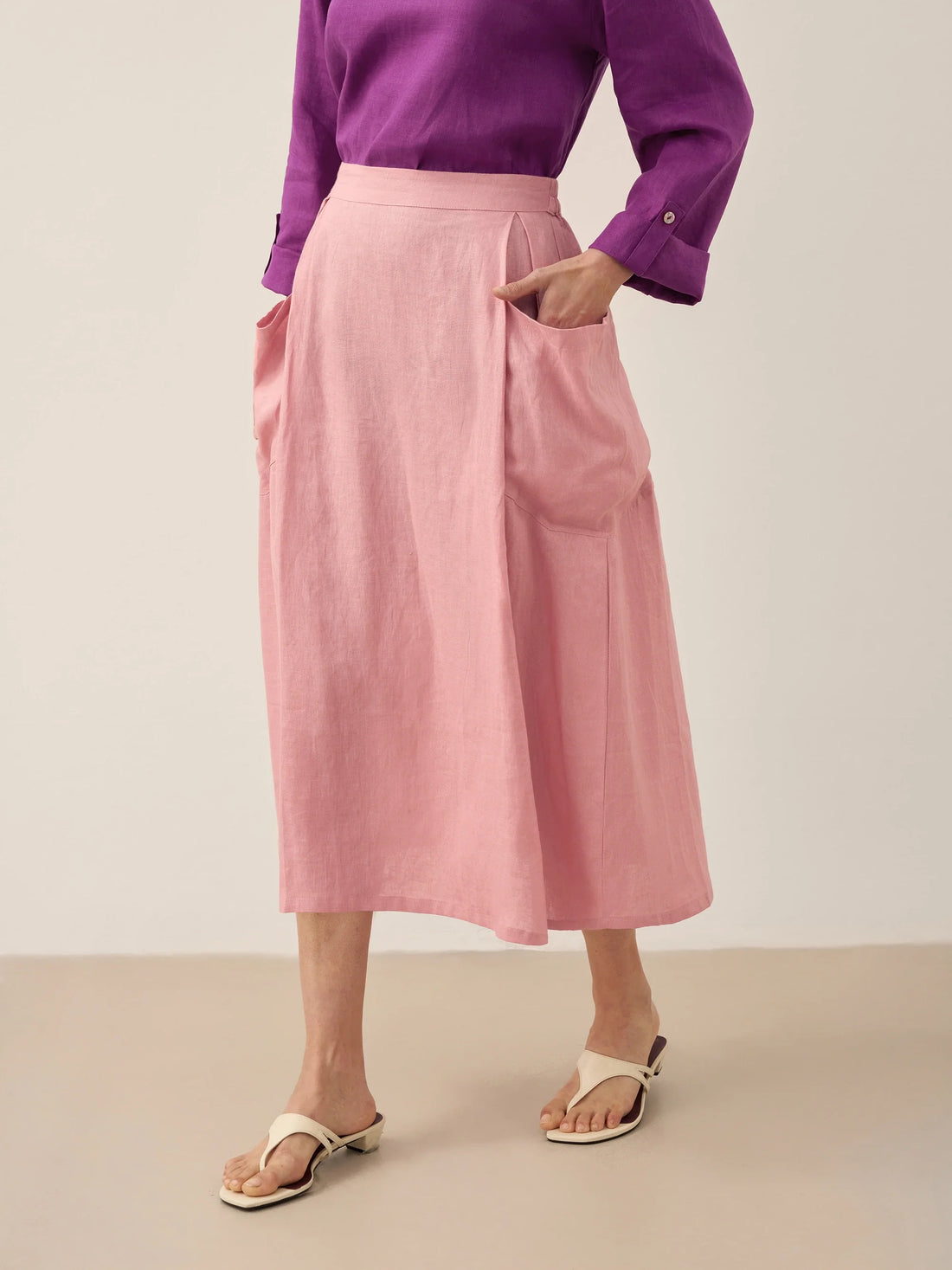 75% Linen A-Line Midi Skirt with Patch Pockets