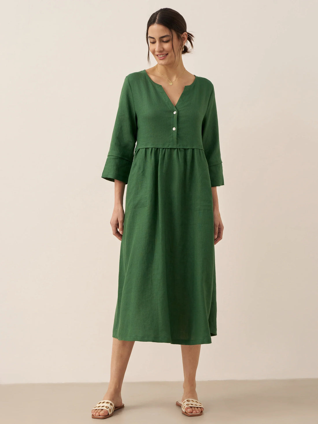 100% Linen Button-Waist Gathered V-Neck Midi Dress
