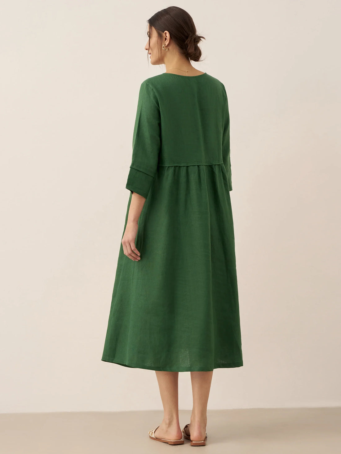 100% Linen Button-Waist Gathered V-Neck Midi Dress