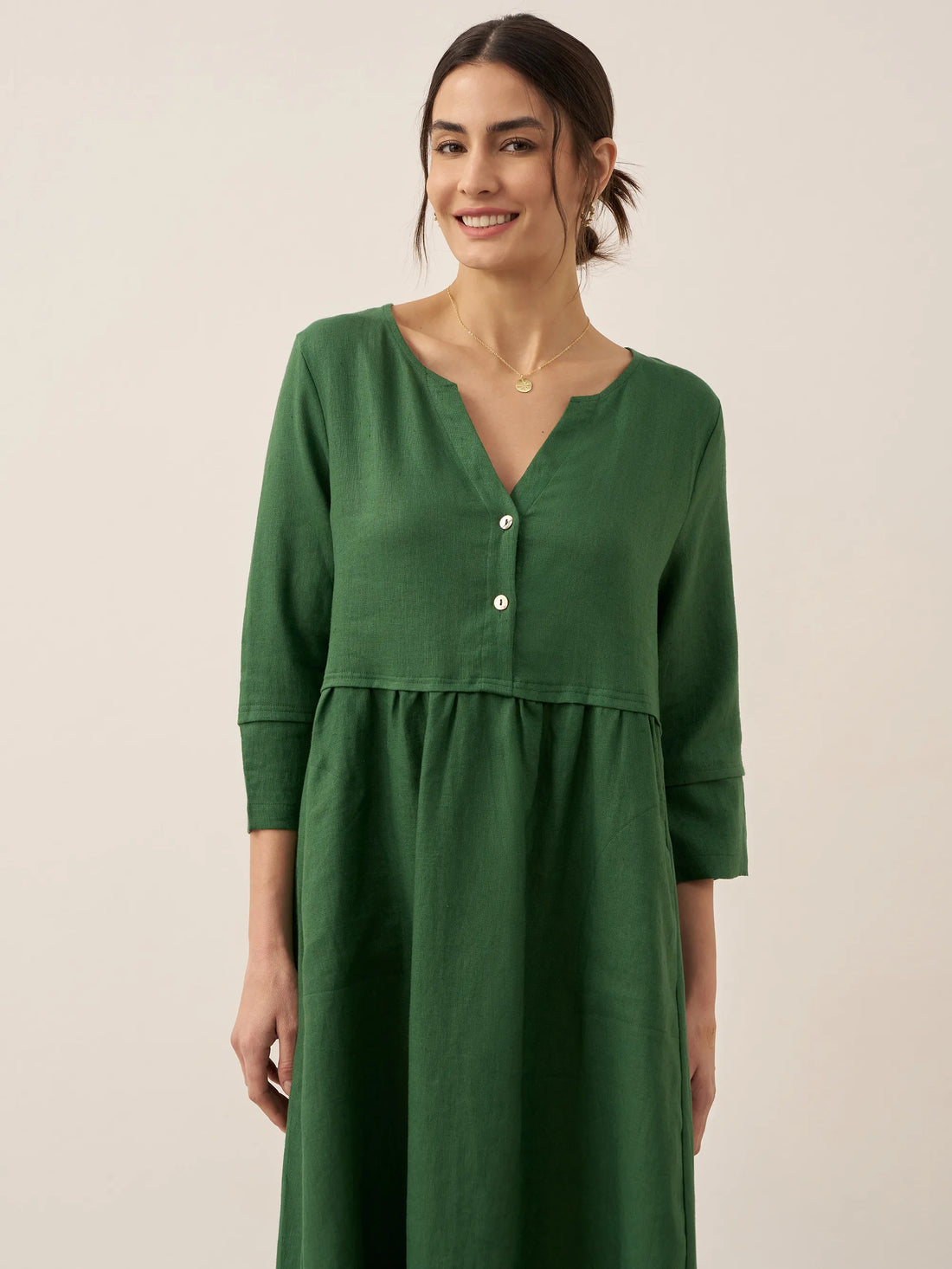 100% Linen Button-Waist Gathered V-Neck Midi Dress