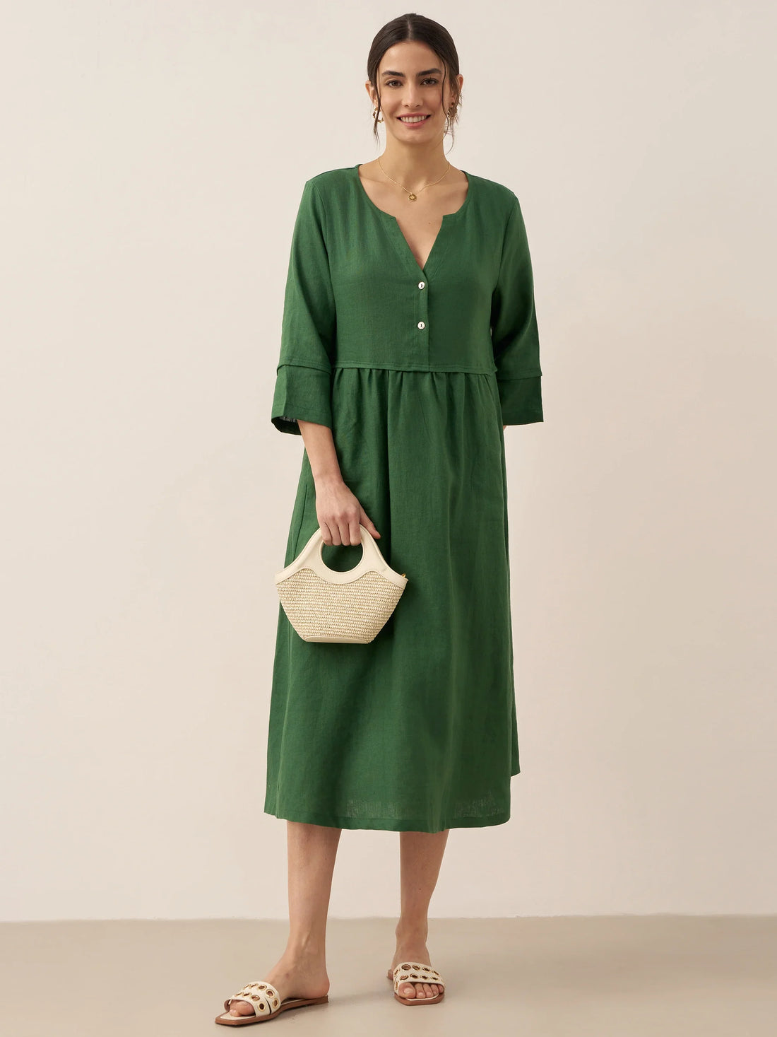 100% Linen Button-Waist Gathered V-Neck Midi Dress