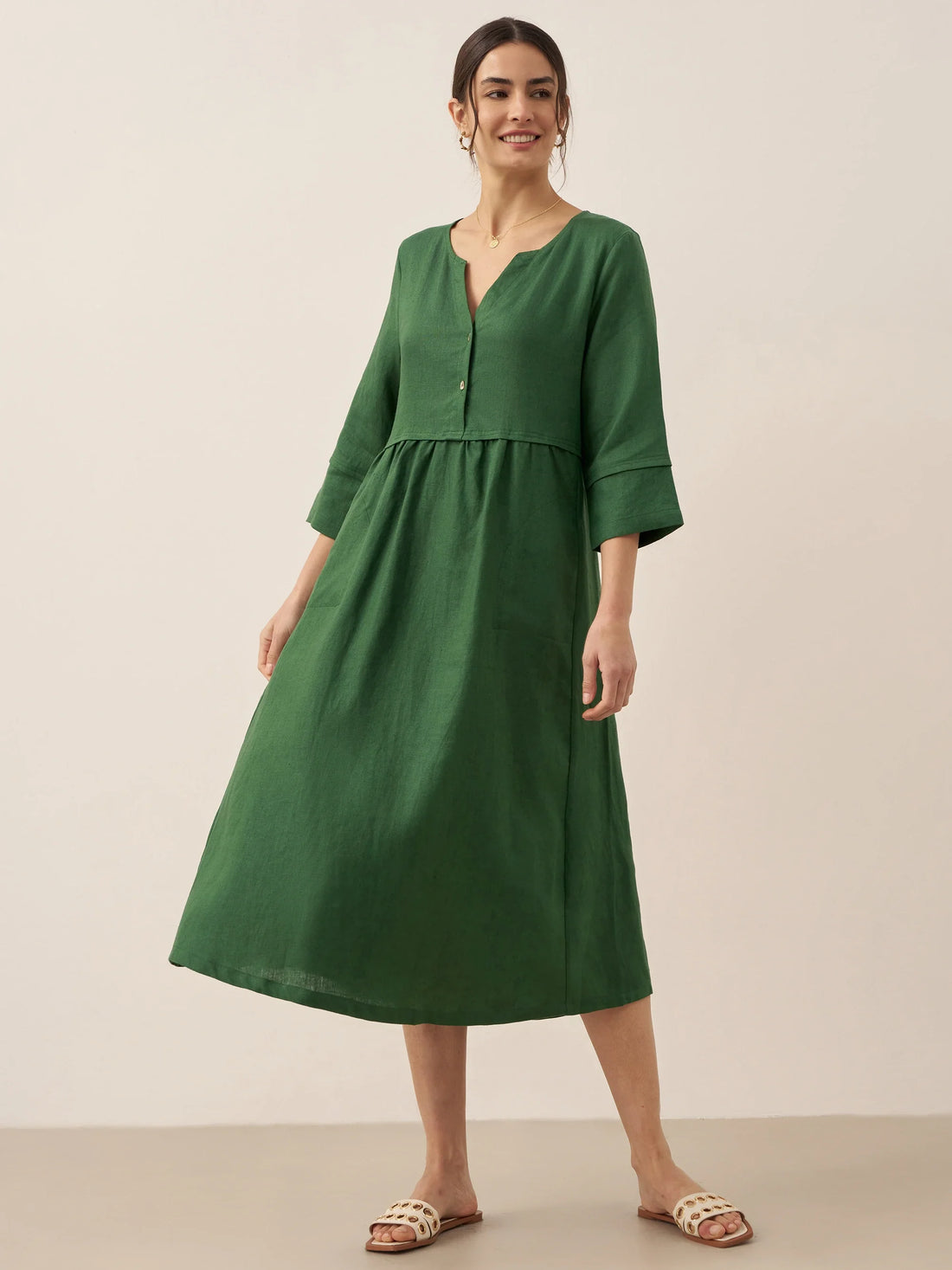 100% Linen Button-Waist Gathered V-Neck Midi Dress