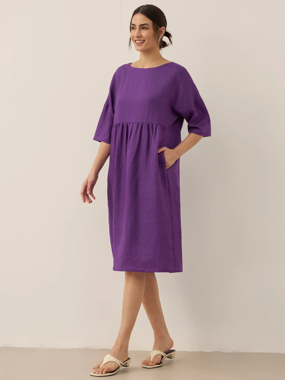 100% Linen Ruched Round-Neck Midi Dress