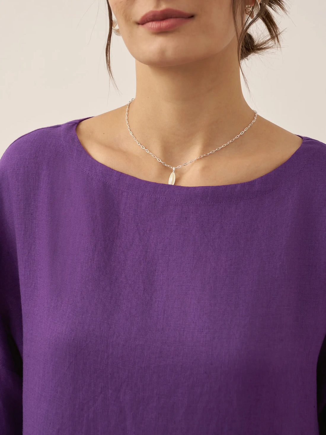 100% Linen Ruched Round-Neck Midi Dress