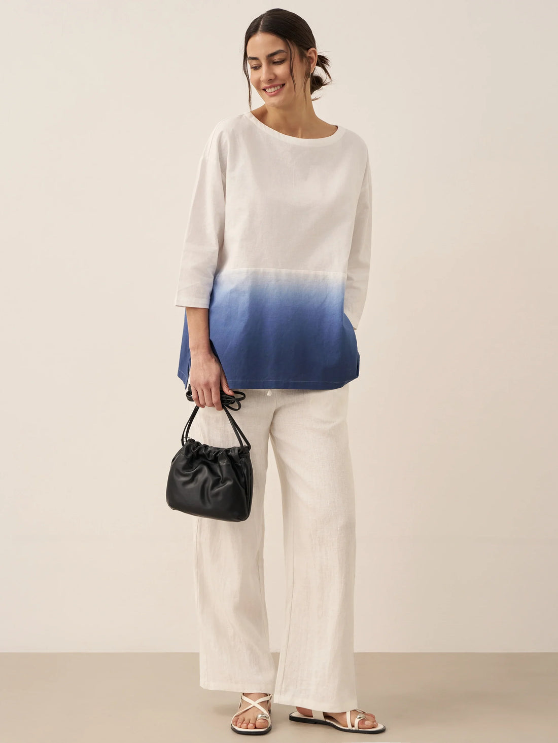 55% Linen Round Neck Straight-Fit Blouse