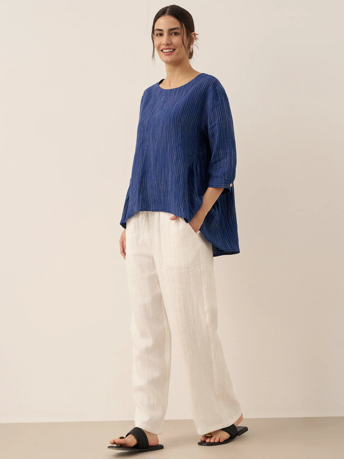 100% Linen Ruched Round Neck Blouse