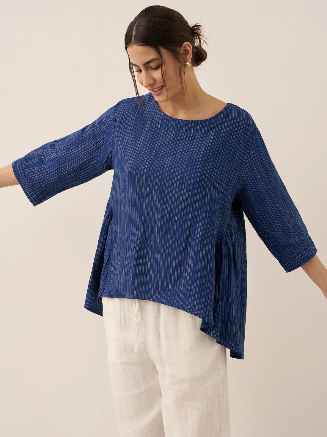 100% Linen Ruched Round Neck Blouse
