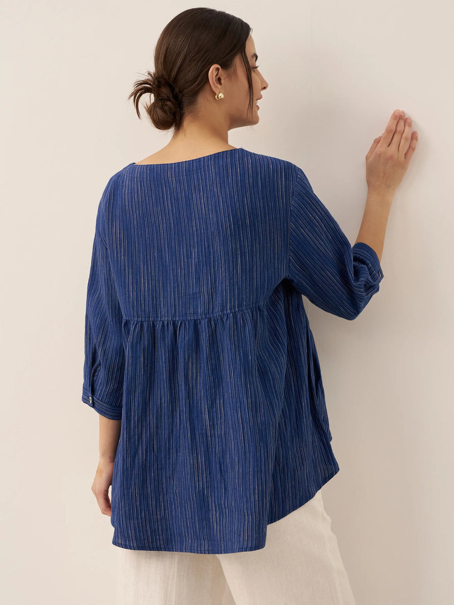 100% Linen Ruched Round Neck Blouse