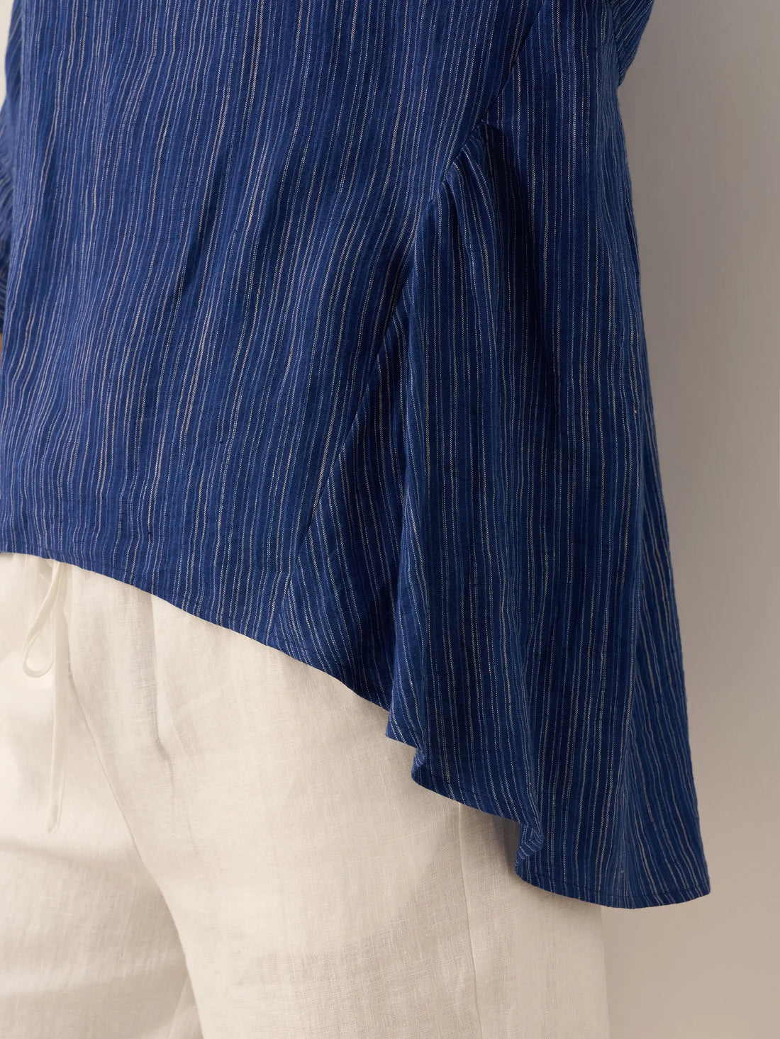 100% Linen Ruched Round Neck Blouse