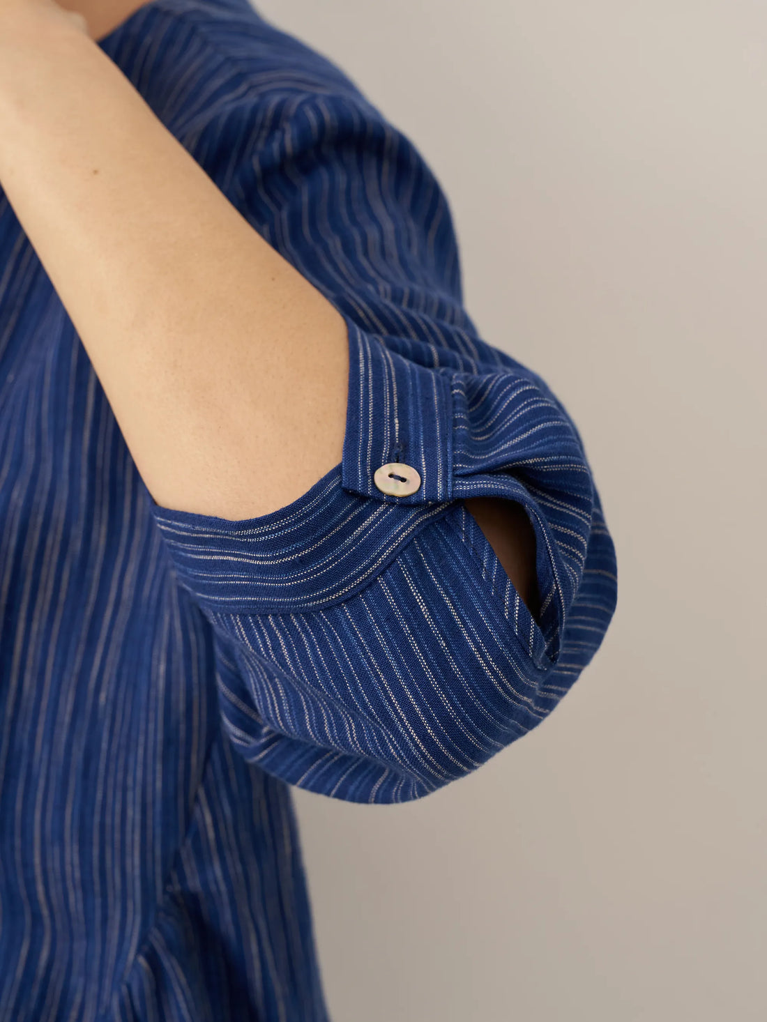 100% Linen Ruched Round Neck Blouse