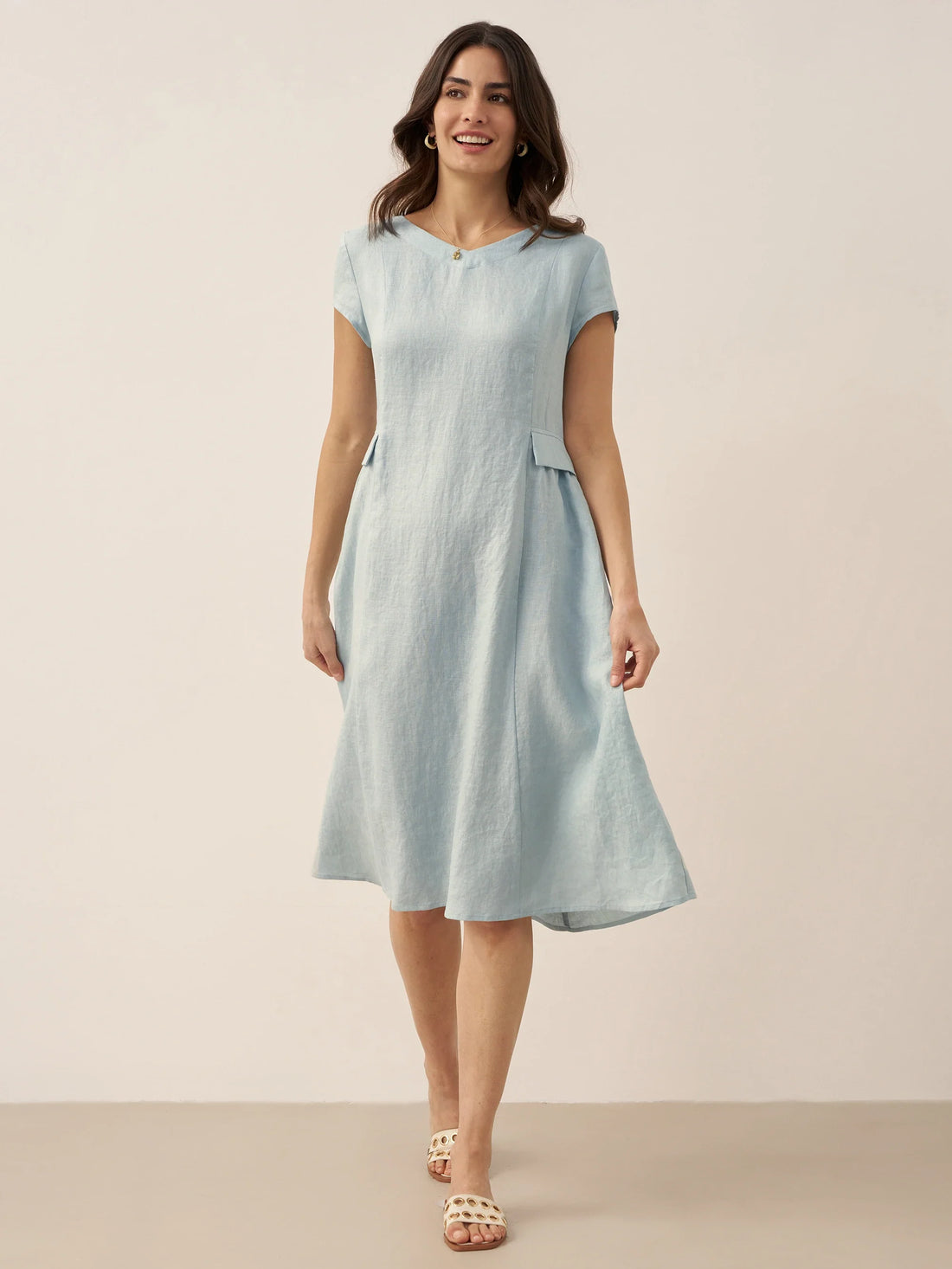 100% Linen Belted V-Neck Midi Dress