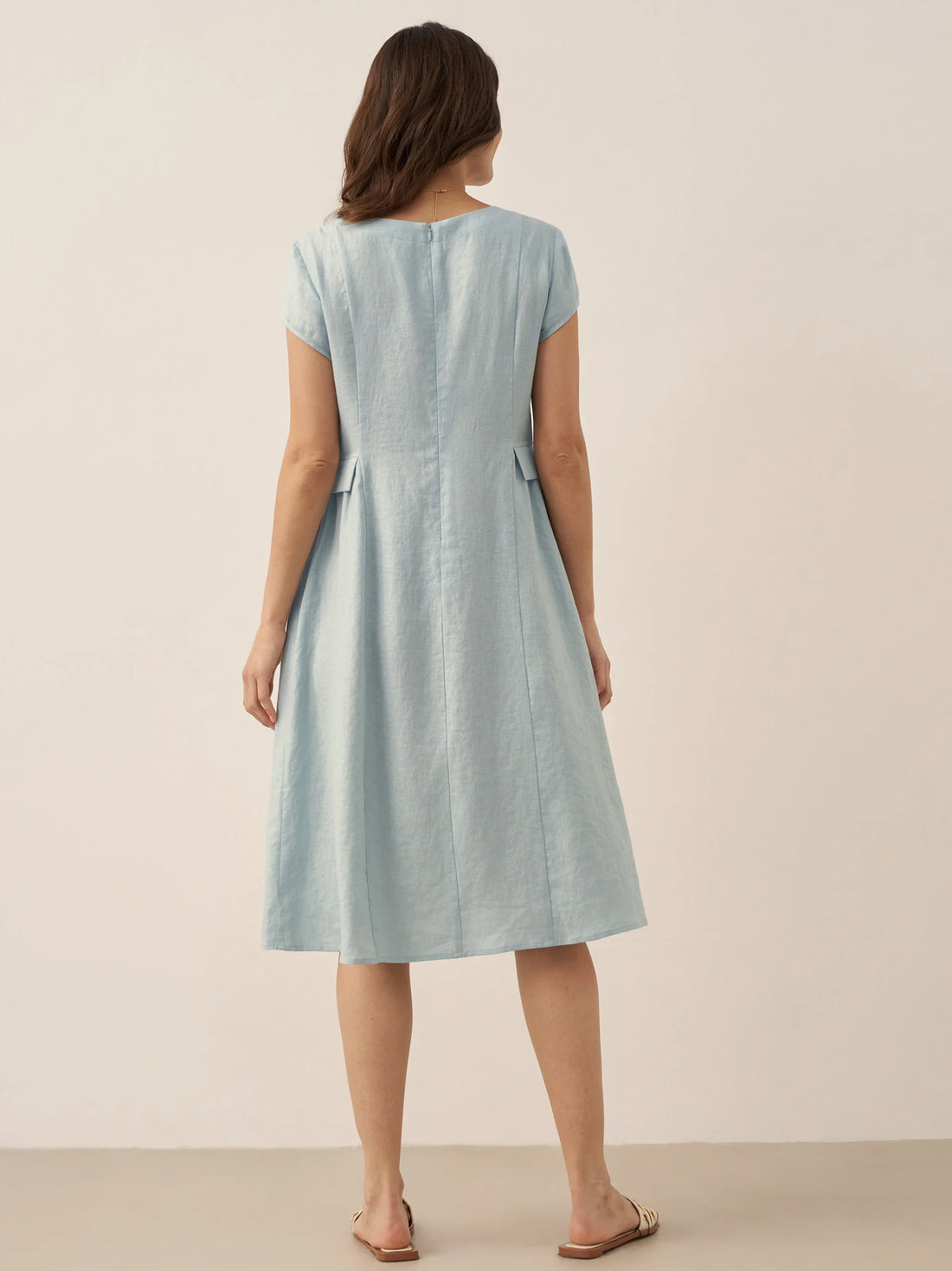 100% Linen Belted V-Neck Midi Dress