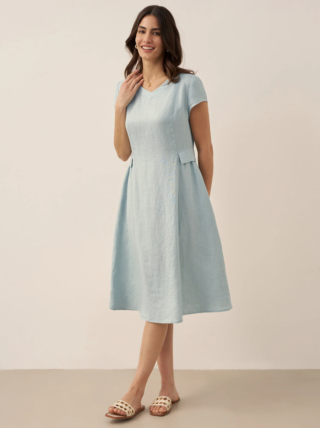 100% Linen Belted V-Neck Midi Dress