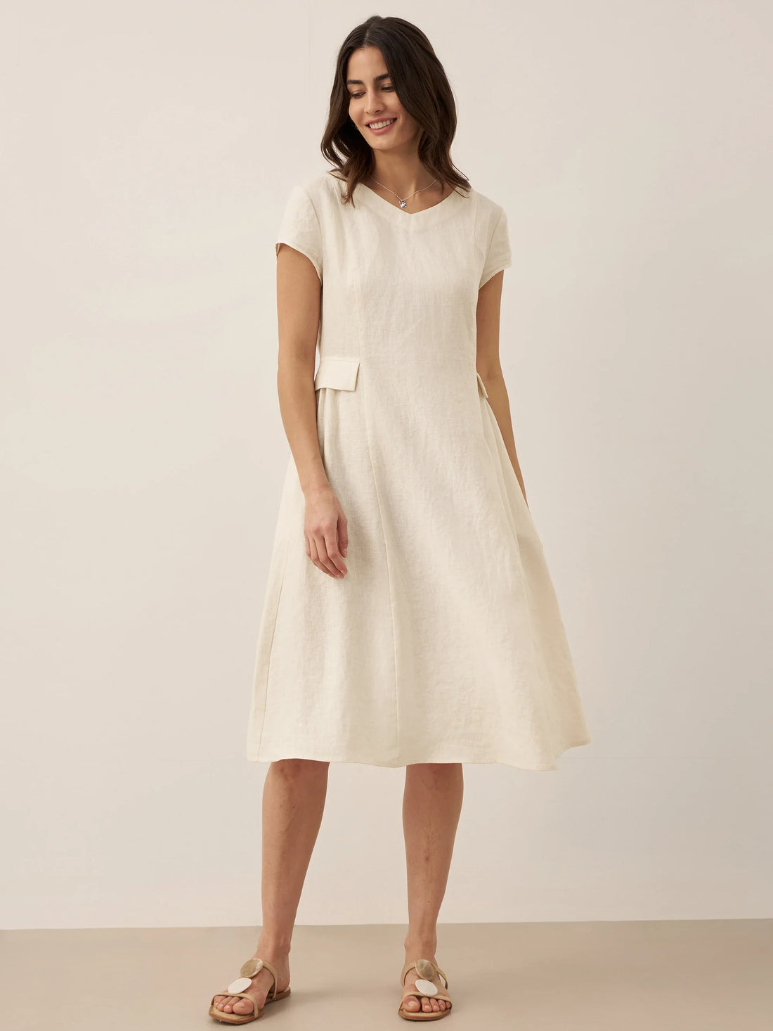 100% Linen Belted V-Neck Midi Dress