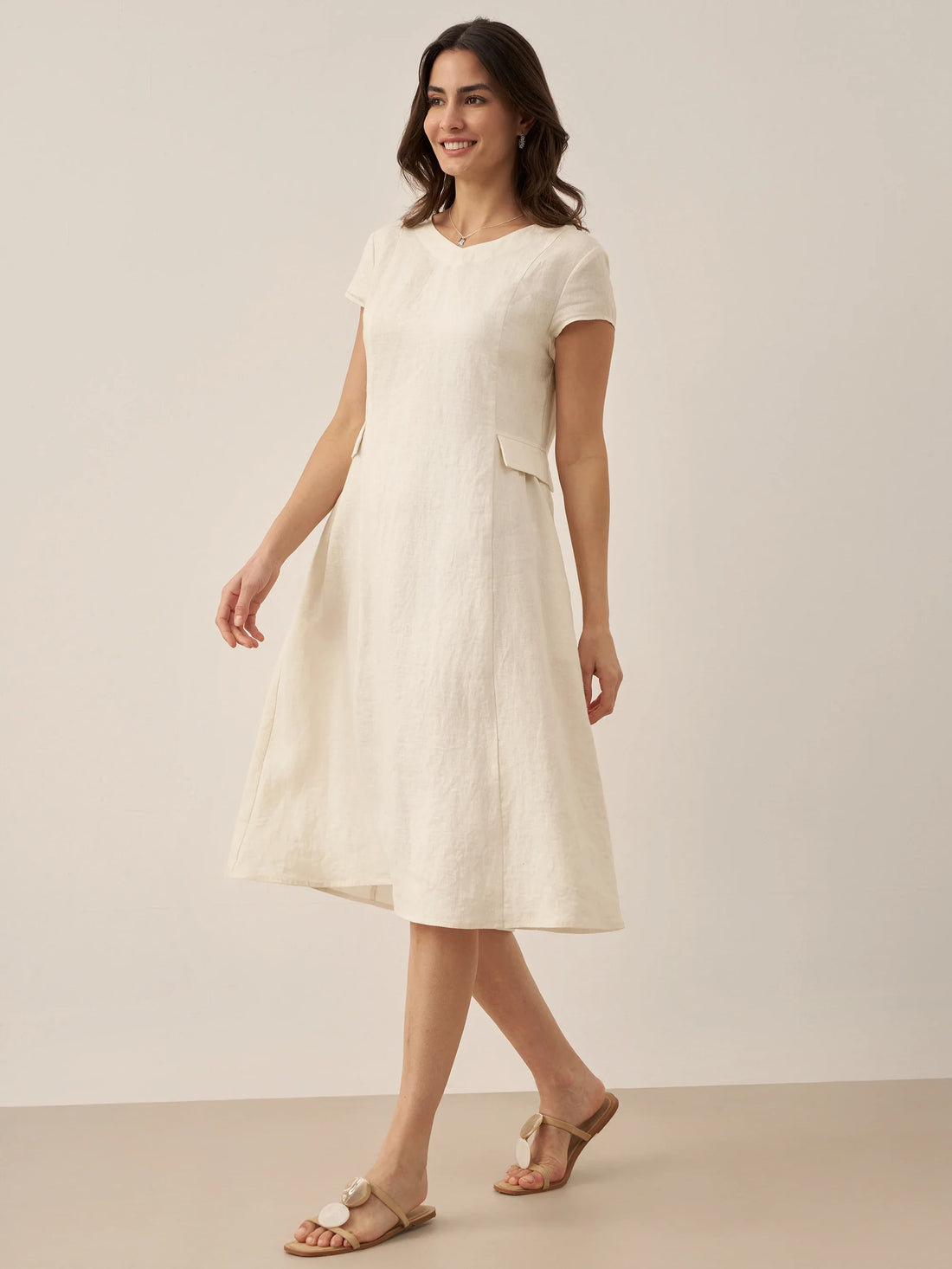 100% Linen Belted V-Neck Midi Dress