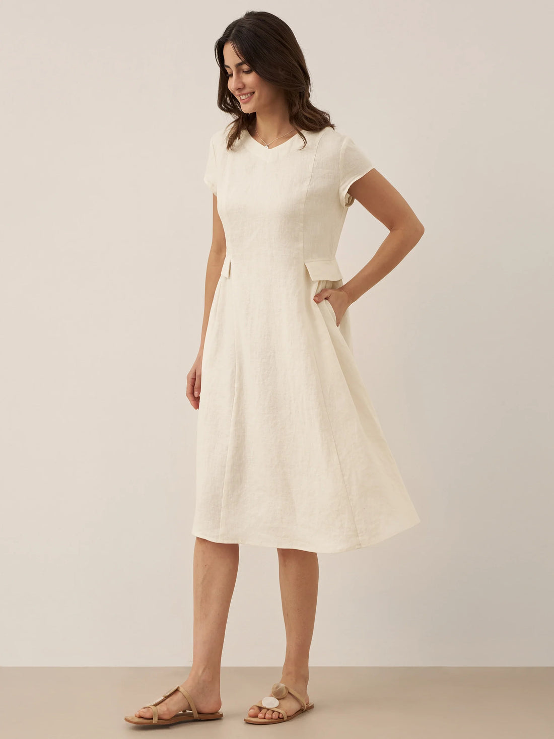 100% Linen Belted V-Neck Midi Dress