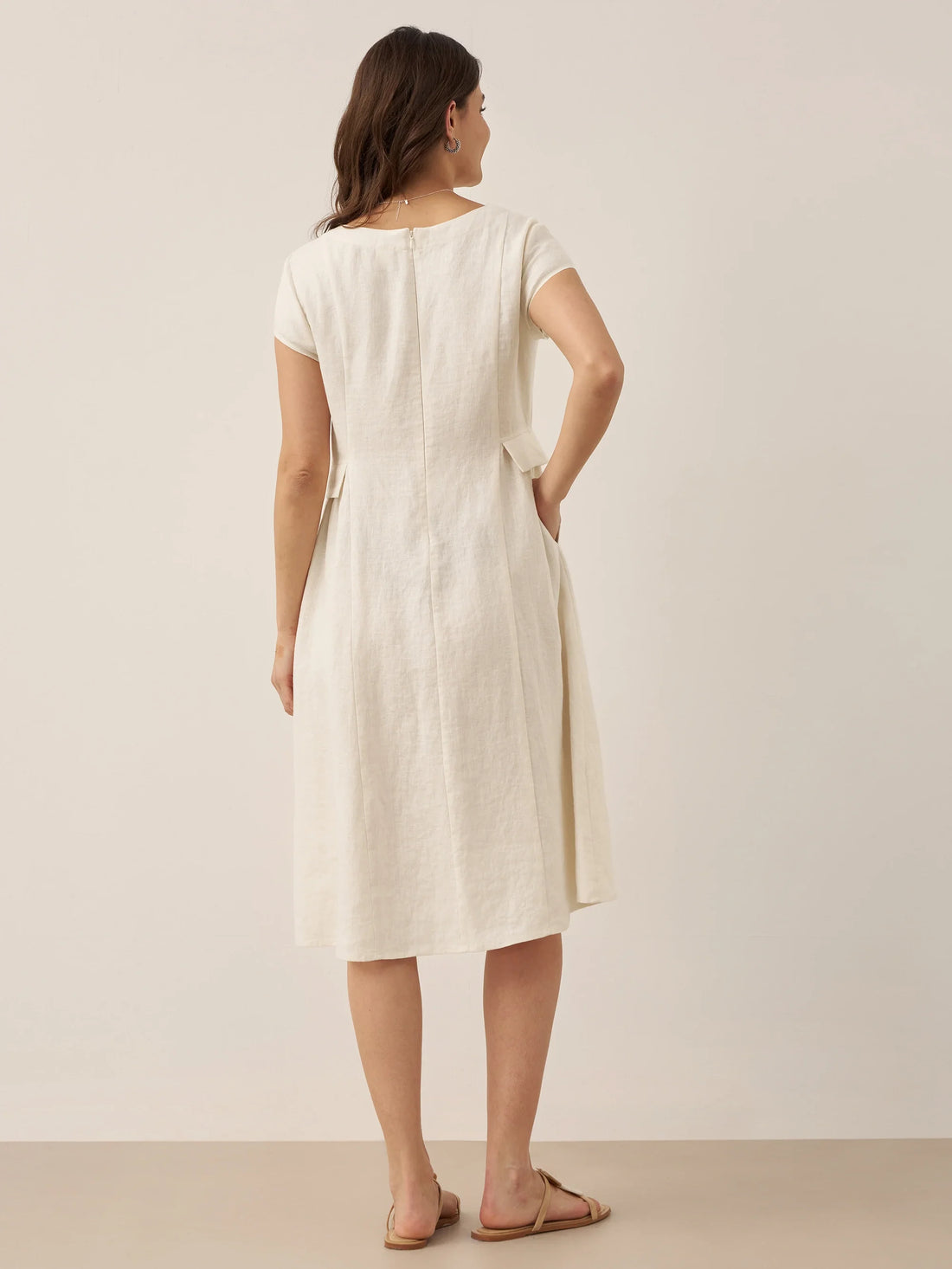 100% Linen Belted V-Neck Midi Dress