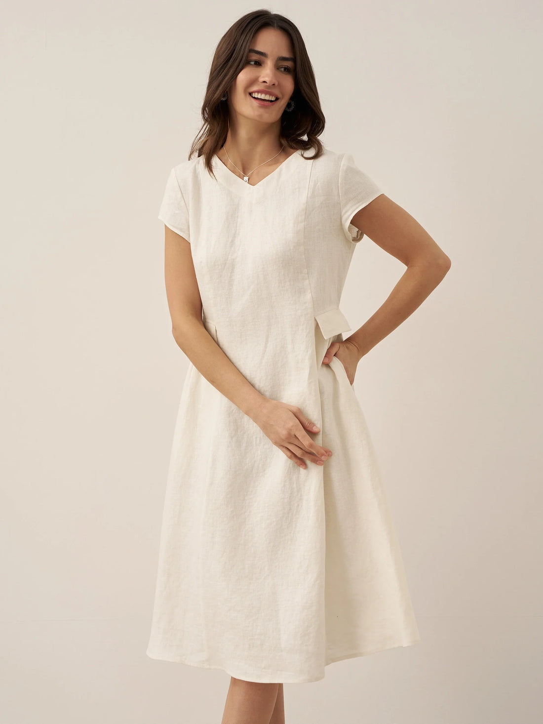 100% Linen Belted V-Neck Midi Dress