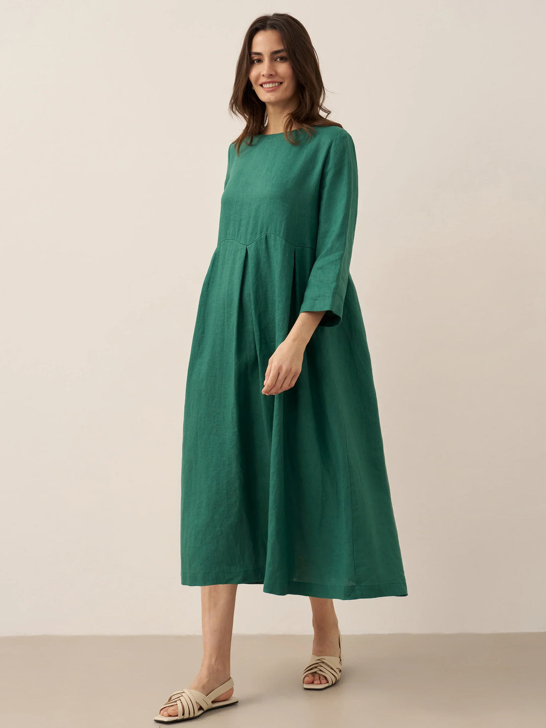 100% Linen Three-Quarter Sleeve Midi Dress