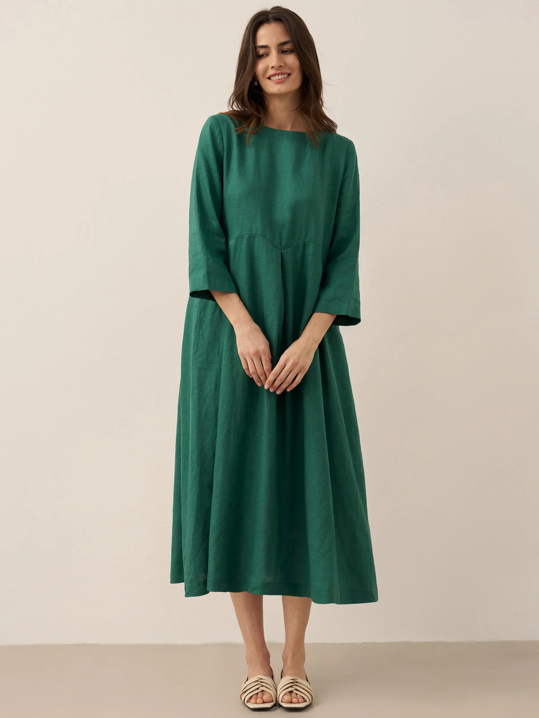 100% Linen Ruched Three-Quarter Sleeve Midi Dress