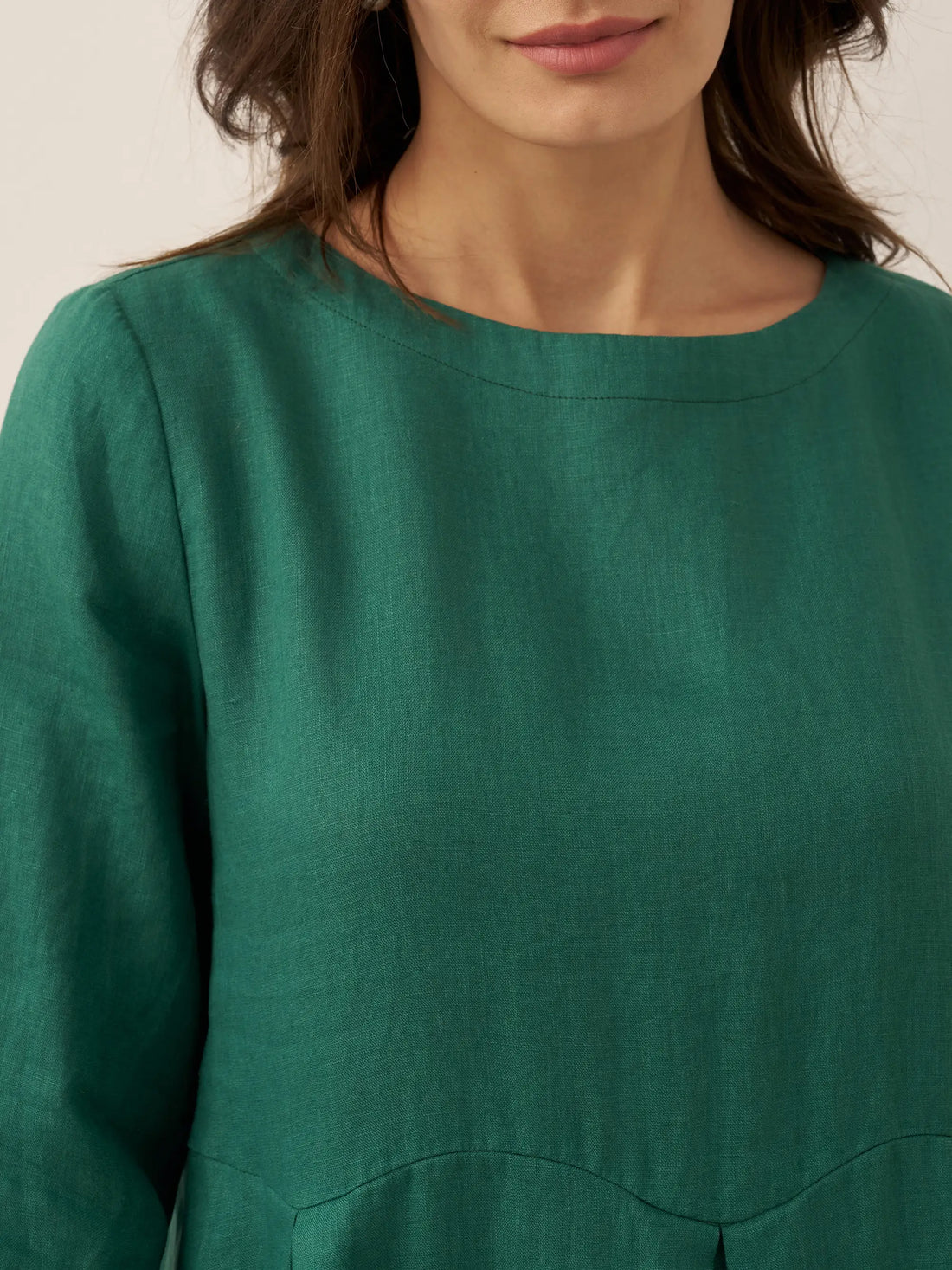 100% Linen Ruched Three-Quarter Sleeve Midi Dress
