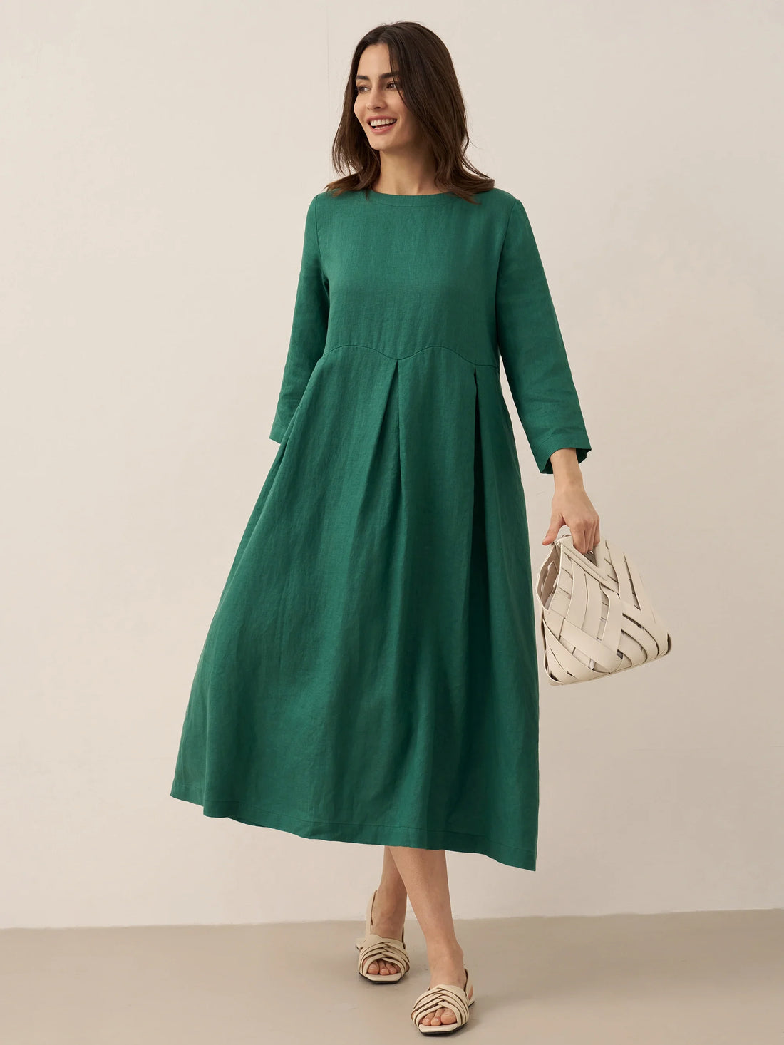 100% Linen Three-Quarter Sleeve Midi Dress