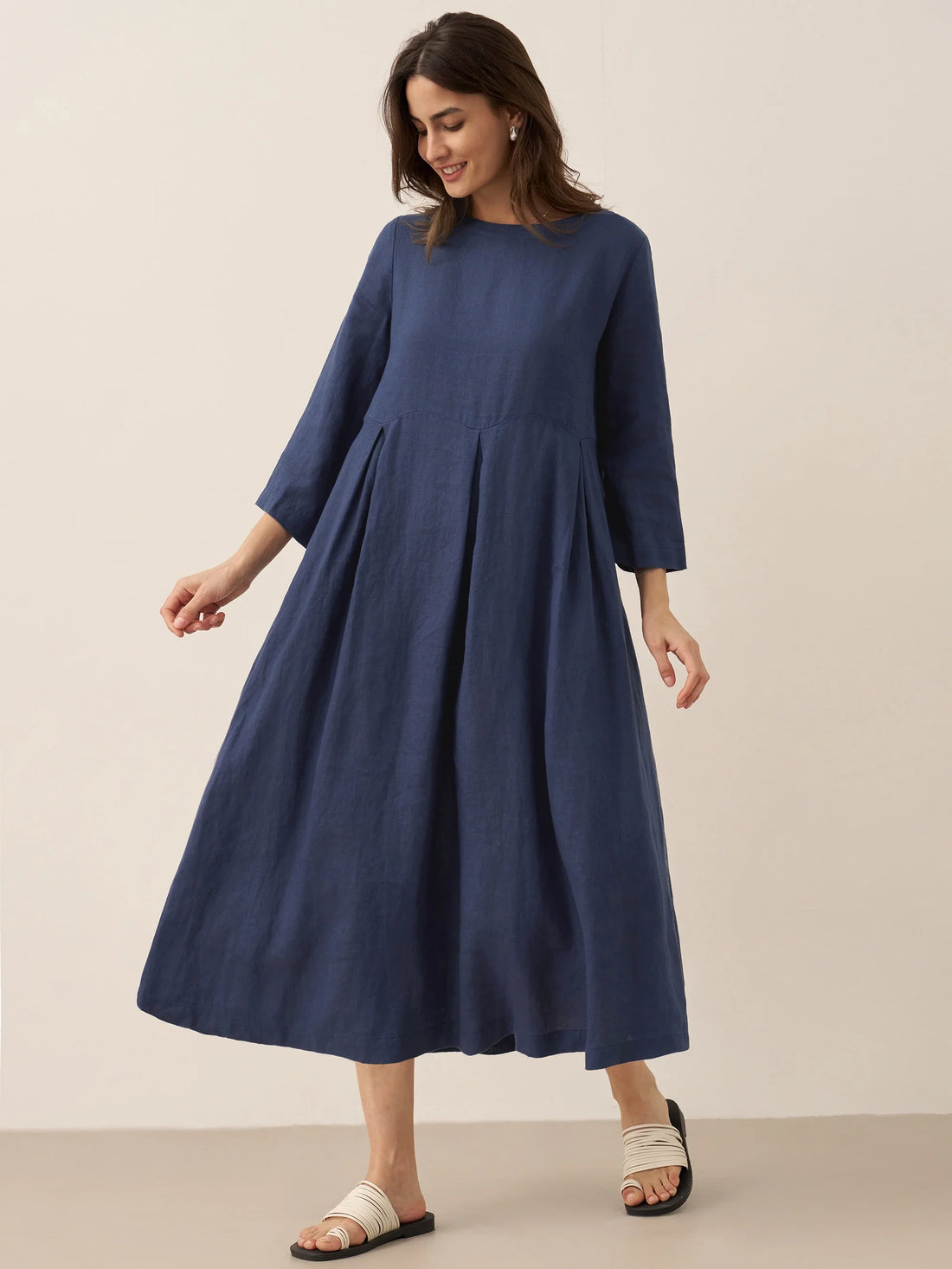 100% Linen Ruched Three-Quarter Sleeve Midi Dress