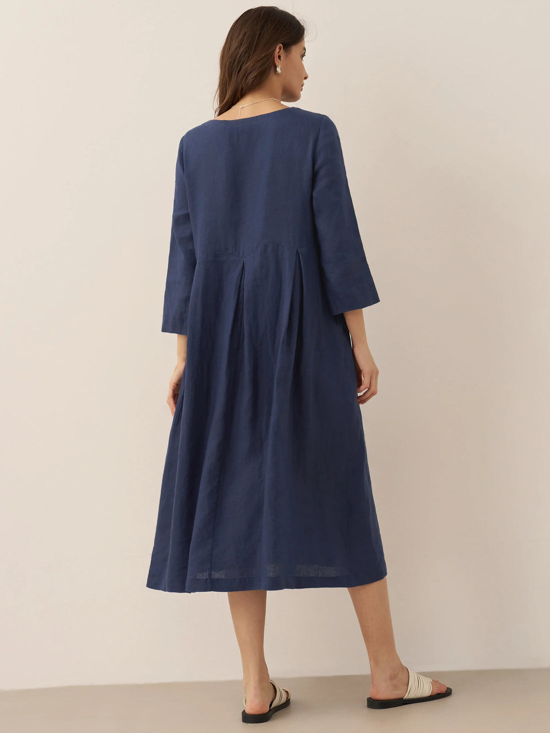 100% Linen Ruched Three-Quarter Sleeve Midi Dress
