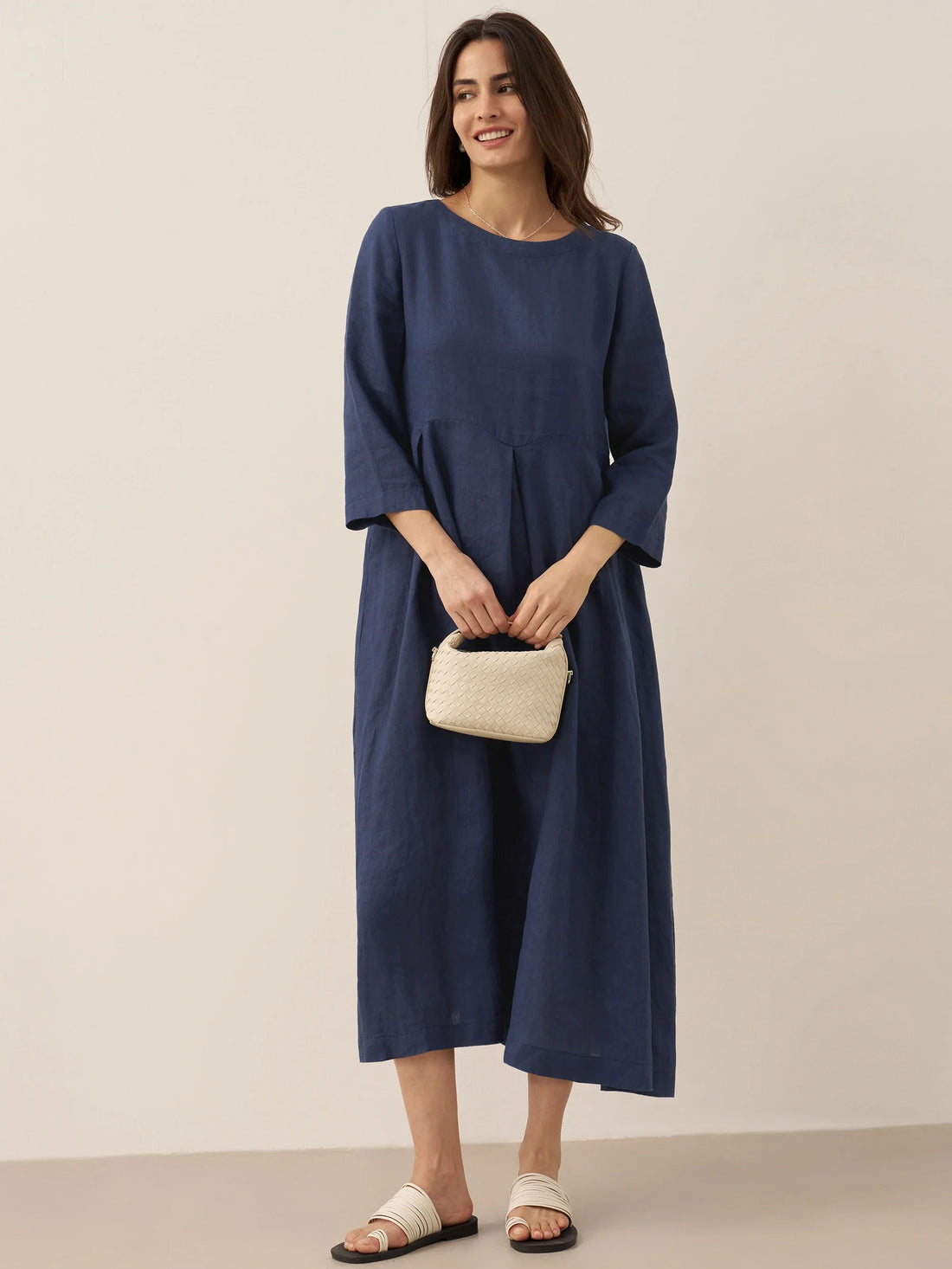 100% Linen Ruched Three-Quarter Sleeve Midi Dress
