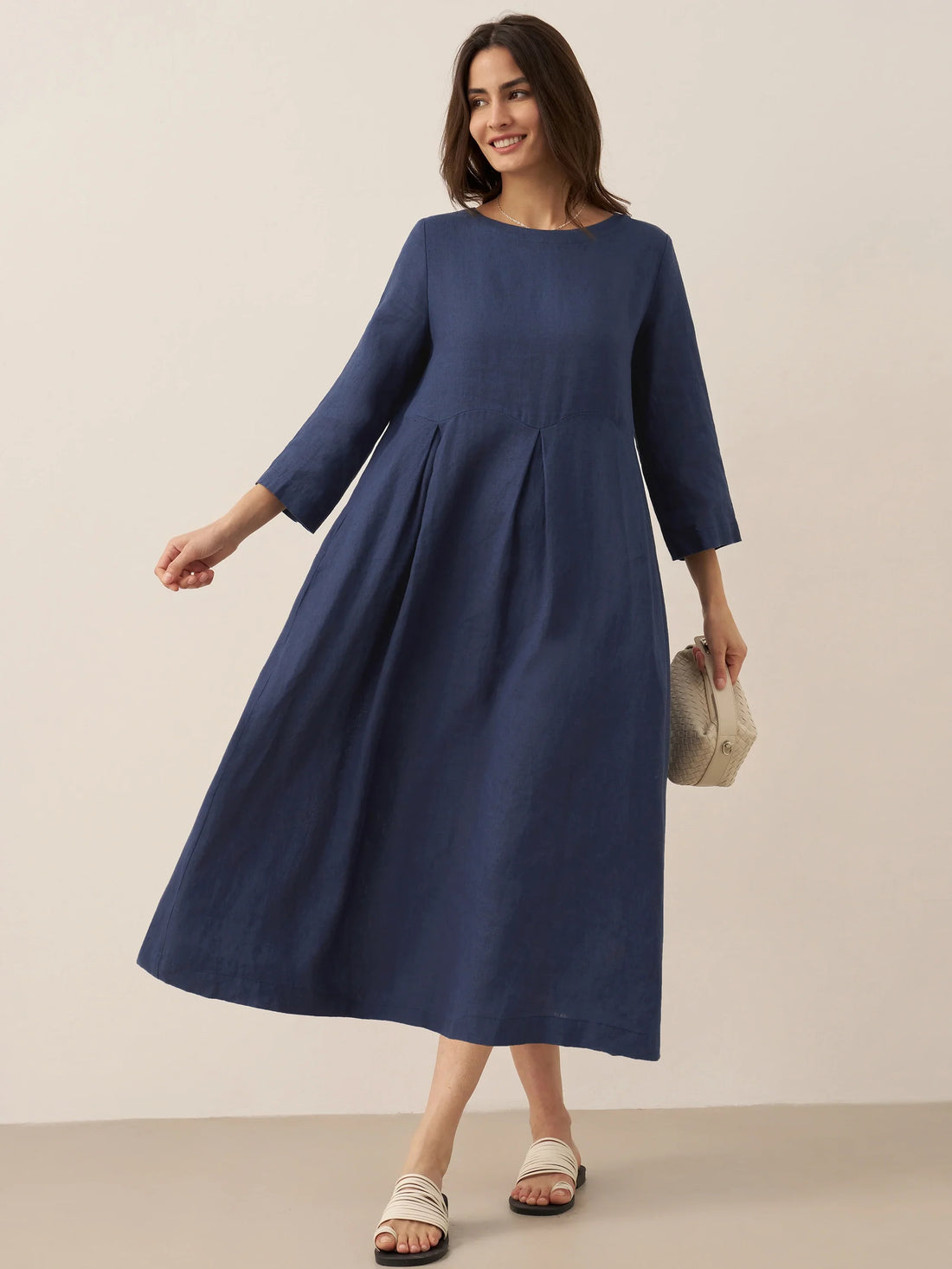 100% Linen Ruched Three-Quarter Sleeve Midi Dress