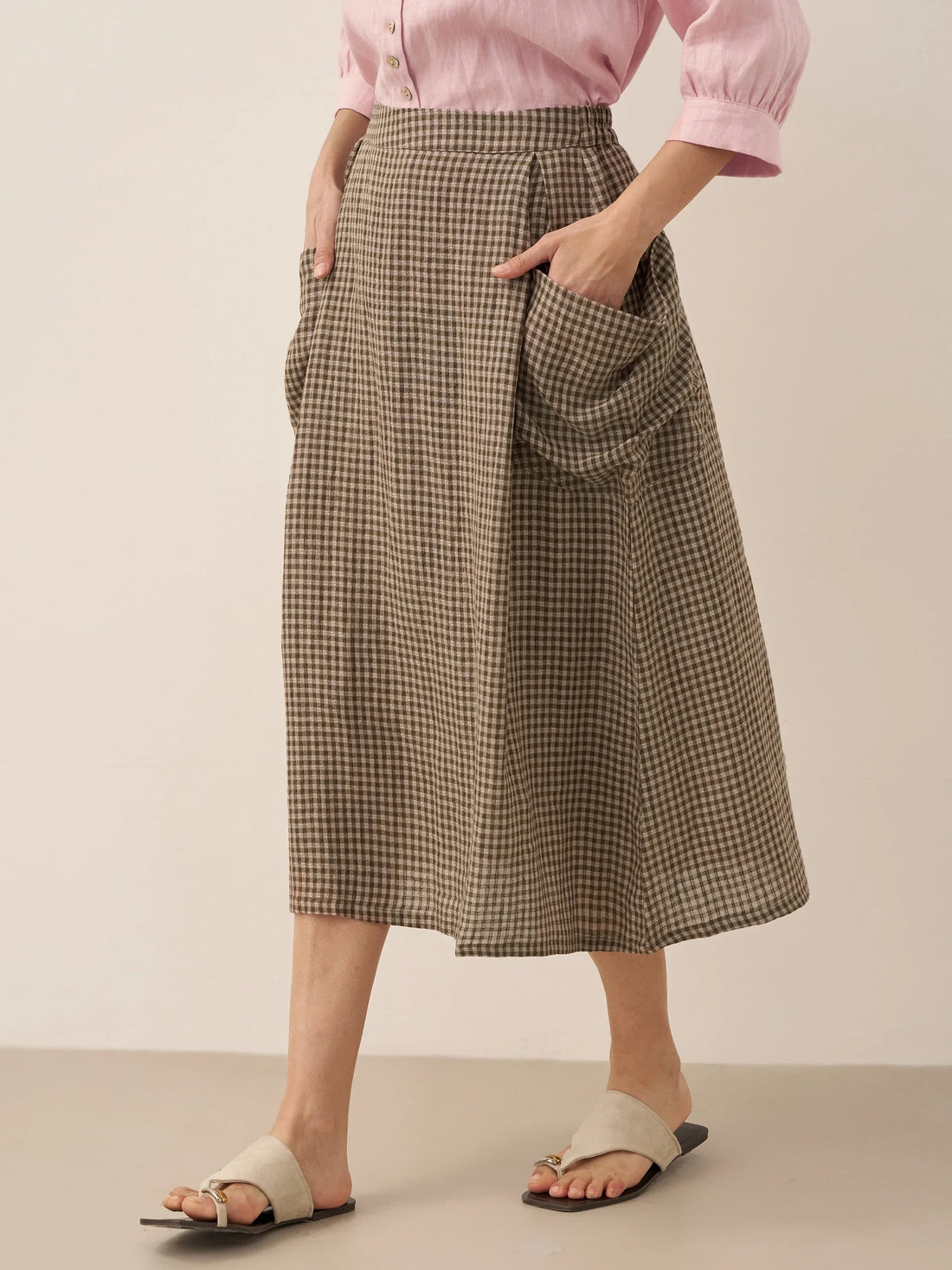 75% Linen A-Line Midi Skirt with Patch Pockets