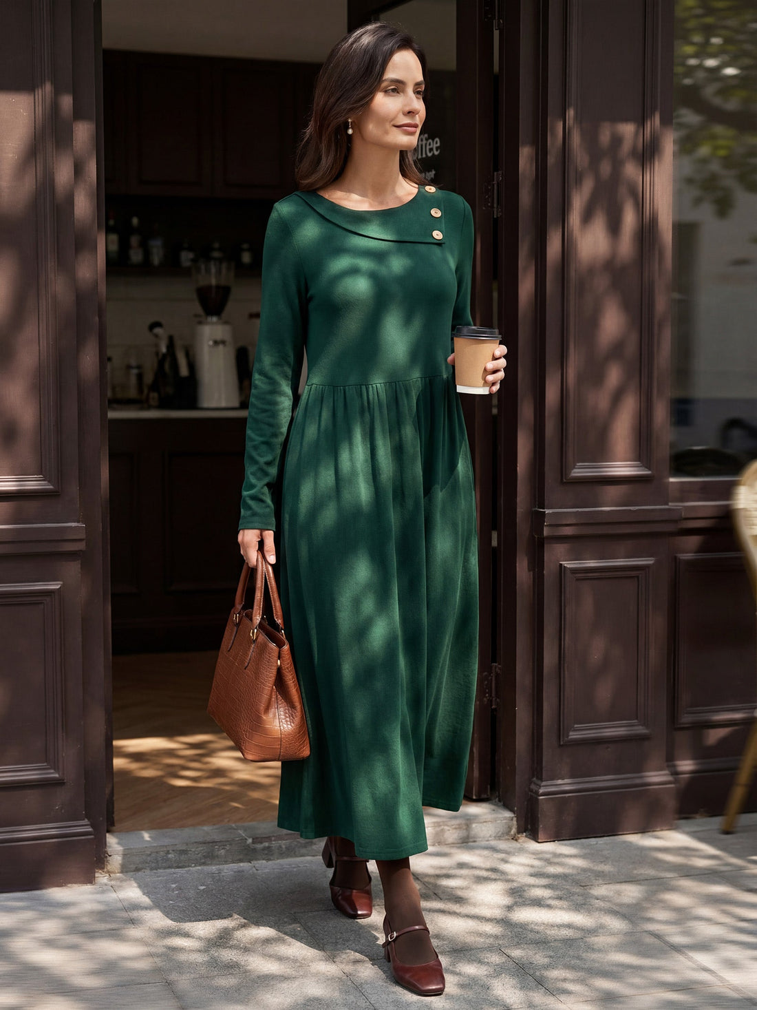 Wool Blend Ruched Long Sleeve Midi Dress