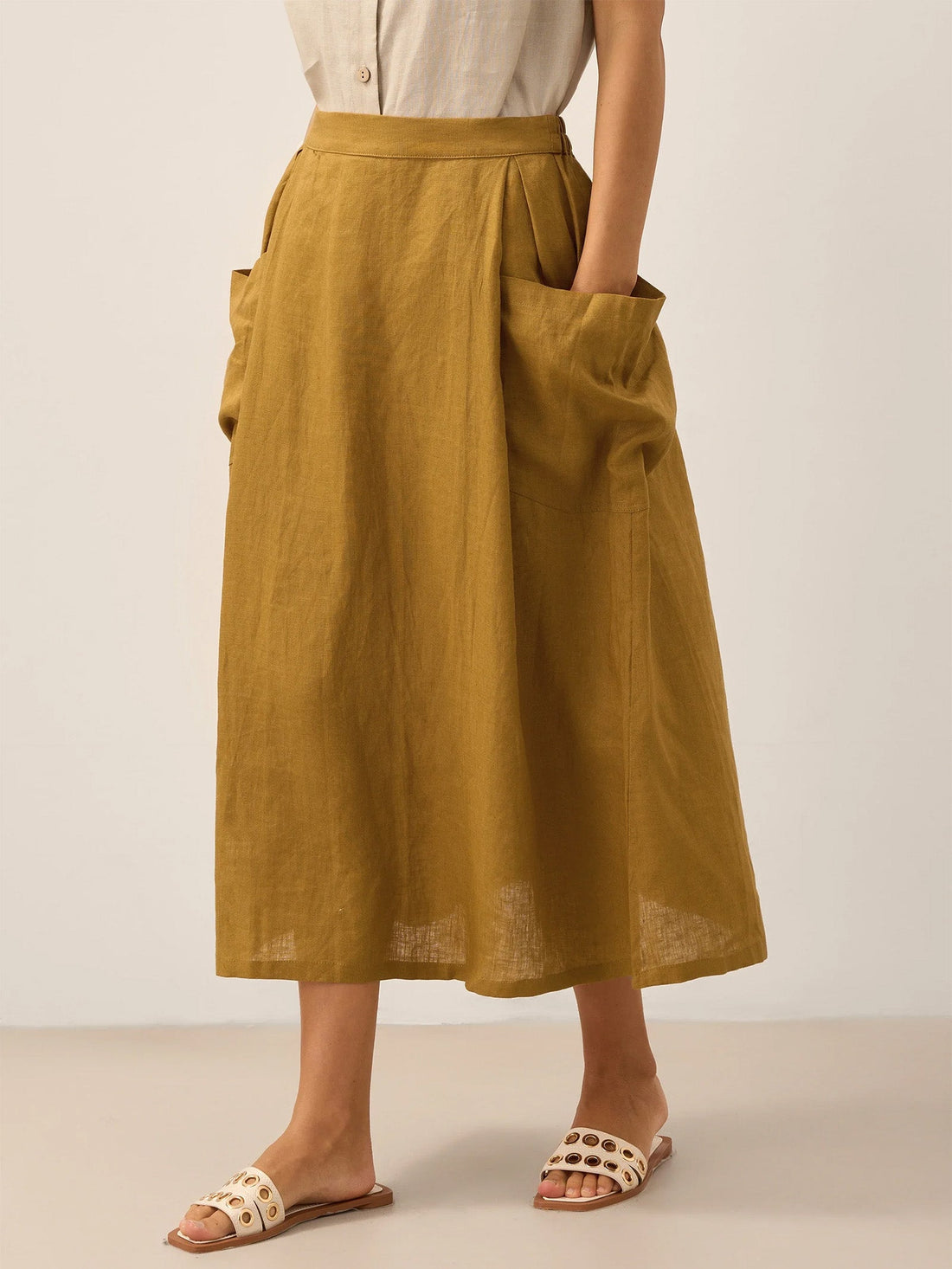 75% Linen A-Line Midi Skirt with Patch Pockets