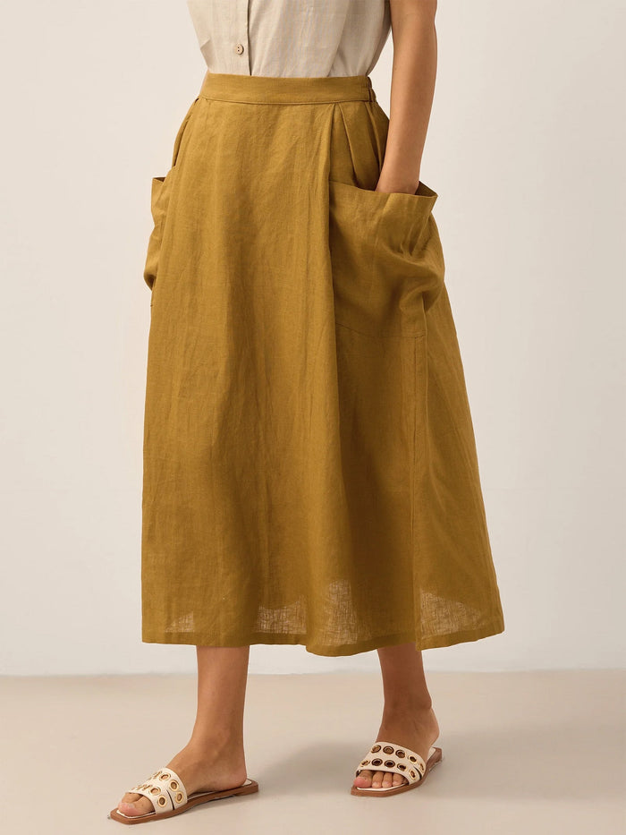 75% Linen A-Line Midi Skirt with Patch Pockets