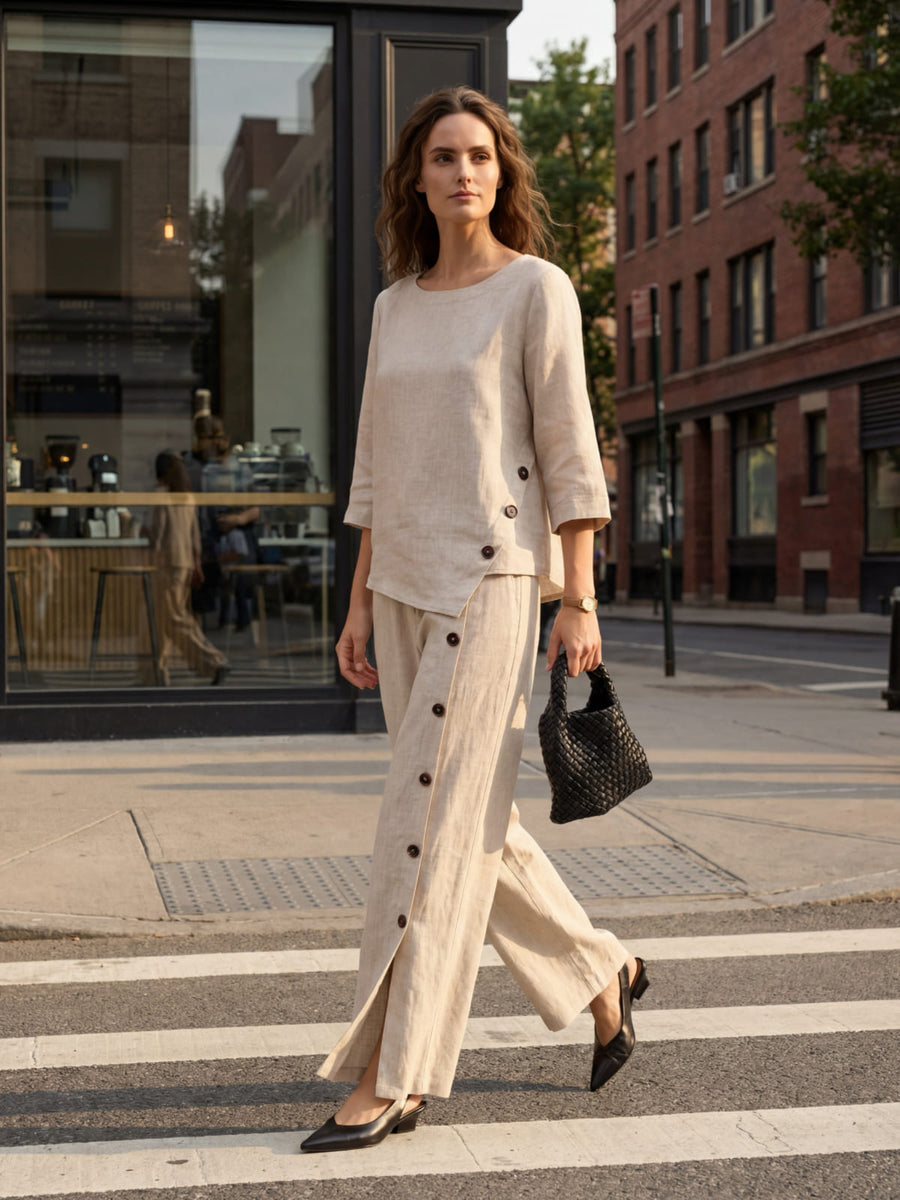 100% Linen Asymmetric-Hem Round Neck Blouse