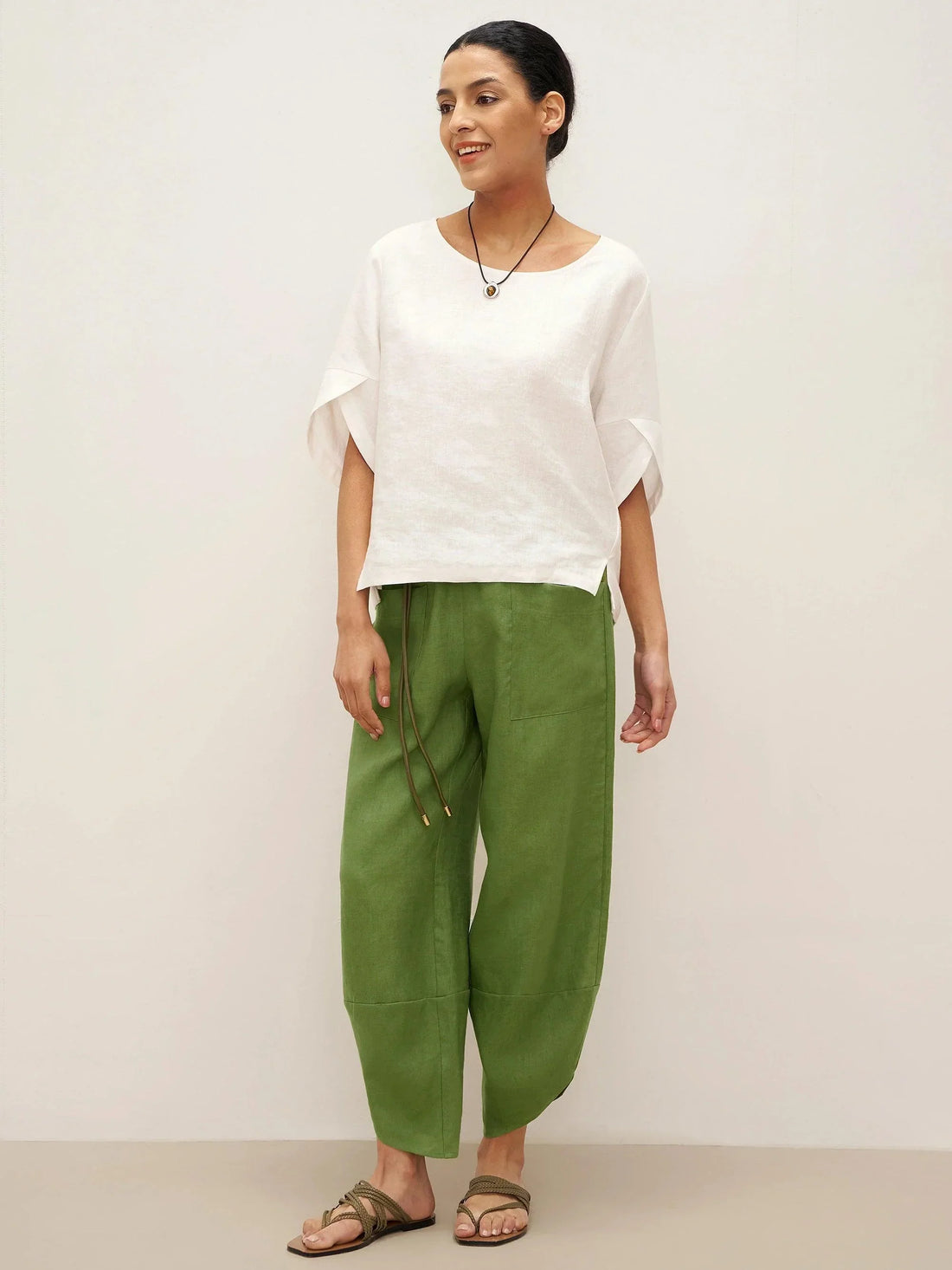 100% Linen Round Neck Petal-Sleeve Pullover