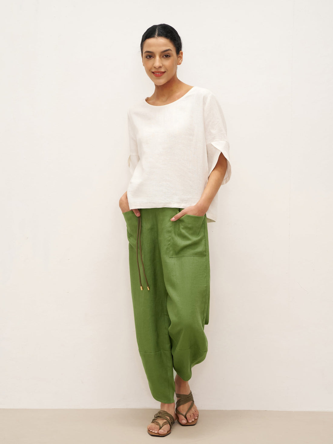 100% Linen Round Neck Petal-Sleeve Pullover