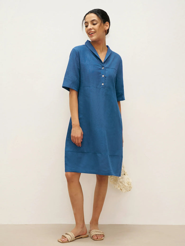 Linen Blend Shawl-Collar V-Neck Mini Dress
