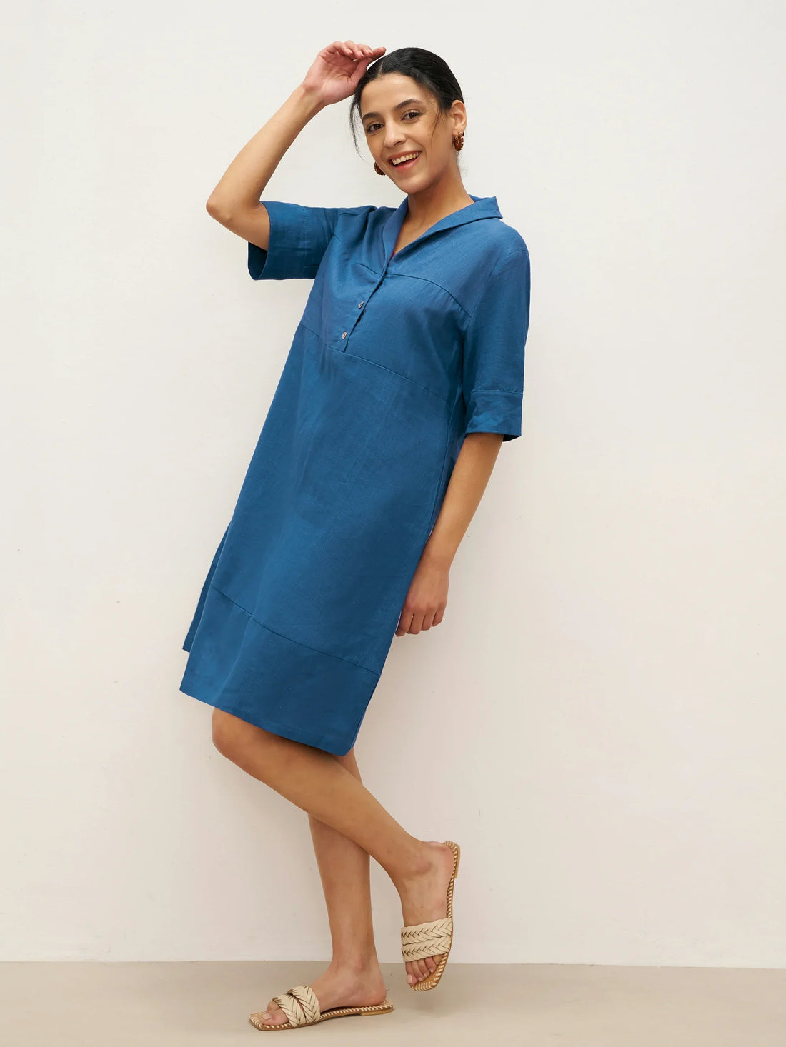 Linen Blend Shawl-Collar V-Neck Mini Dress